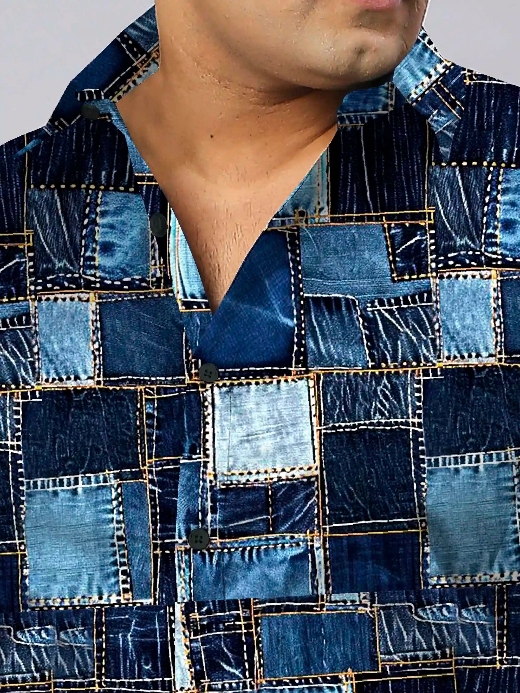 Patchwork Pattern Digital Printed Men Plus Size Full Shirt