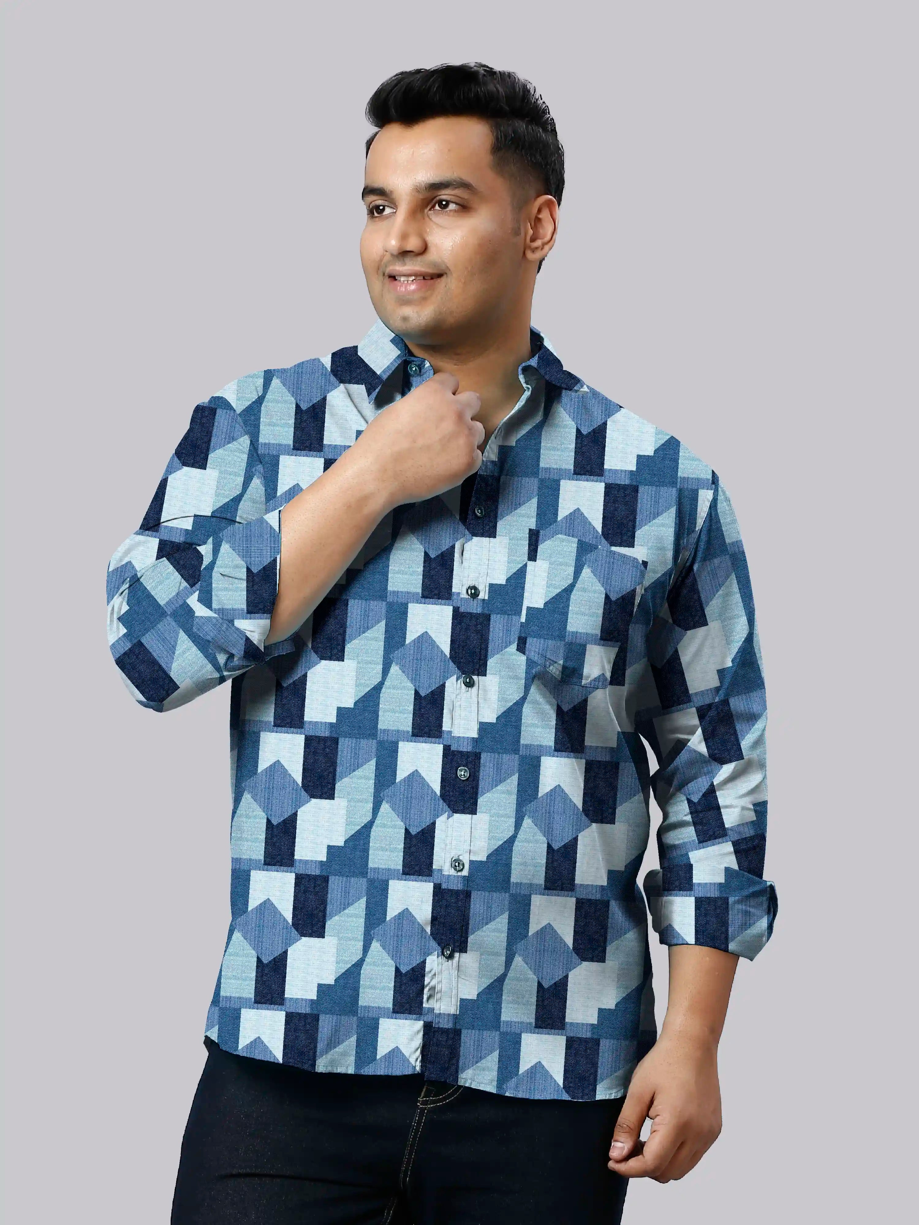 Jeans Patchwork Digital Printed Men Plus Size Full Shirt