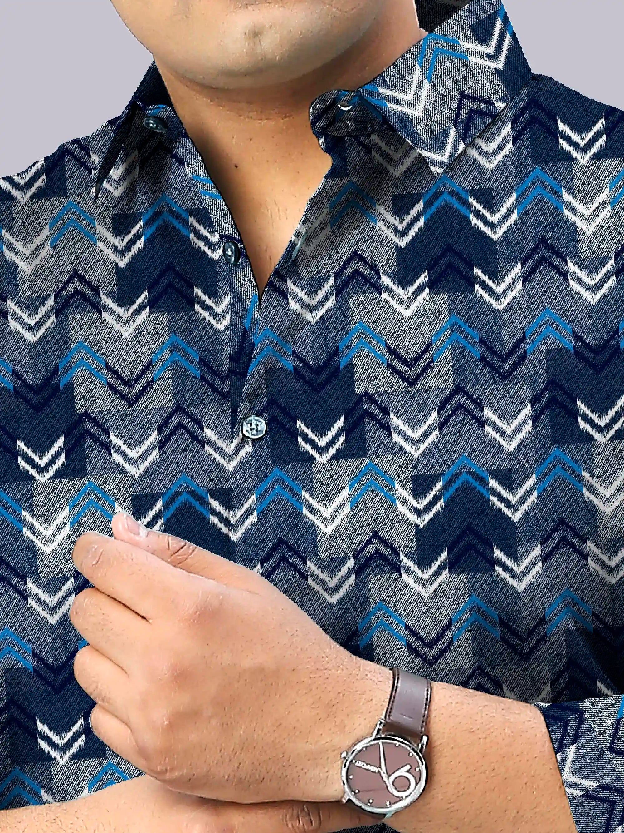 Zigzag Ikat Digital Printed Men's Plus Size Full Sleeve Shirt