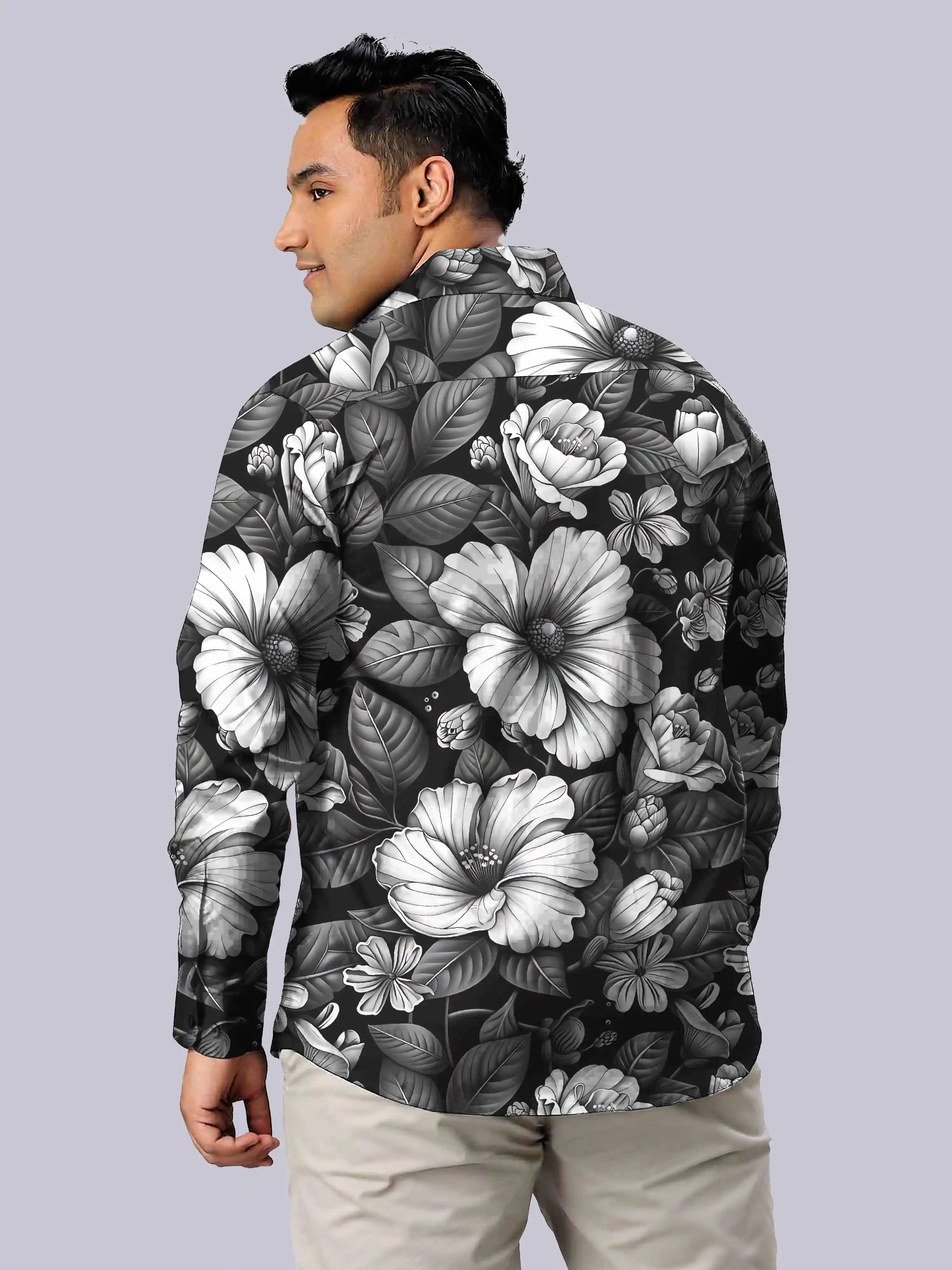 Black and White Flowers Digital Printed Men's Plus Size Full Sleeve Shirt