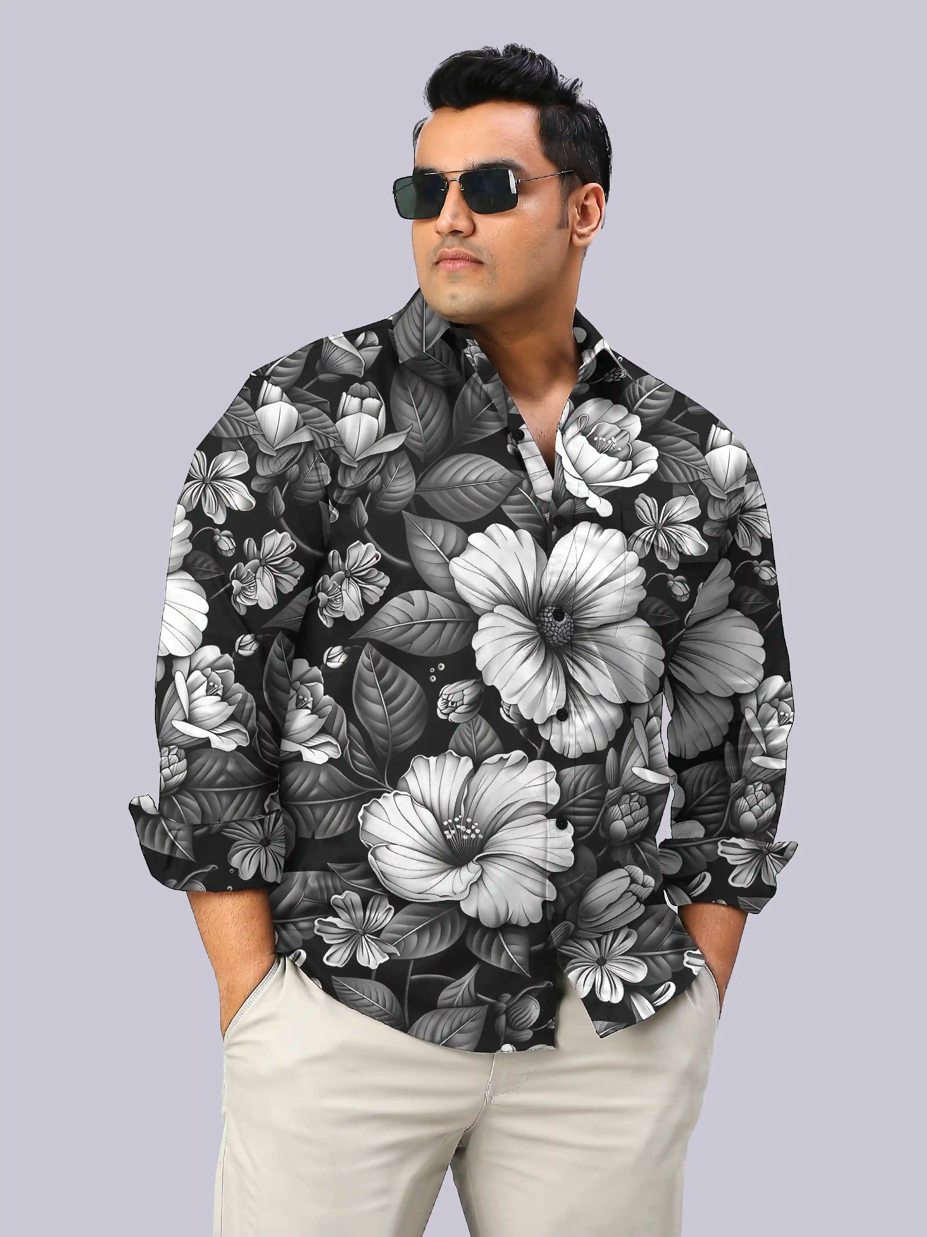 Black and White Flowers Digital Printed Men's Plus Size Full Sleeve Shirt