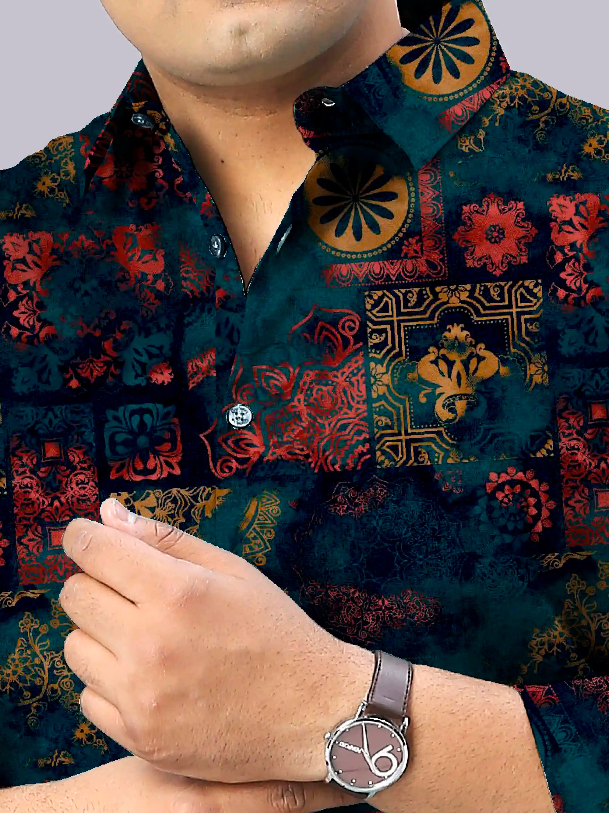 Mandala Pattern Digital Printed Men's Plus Size Full Sleeve Shirt