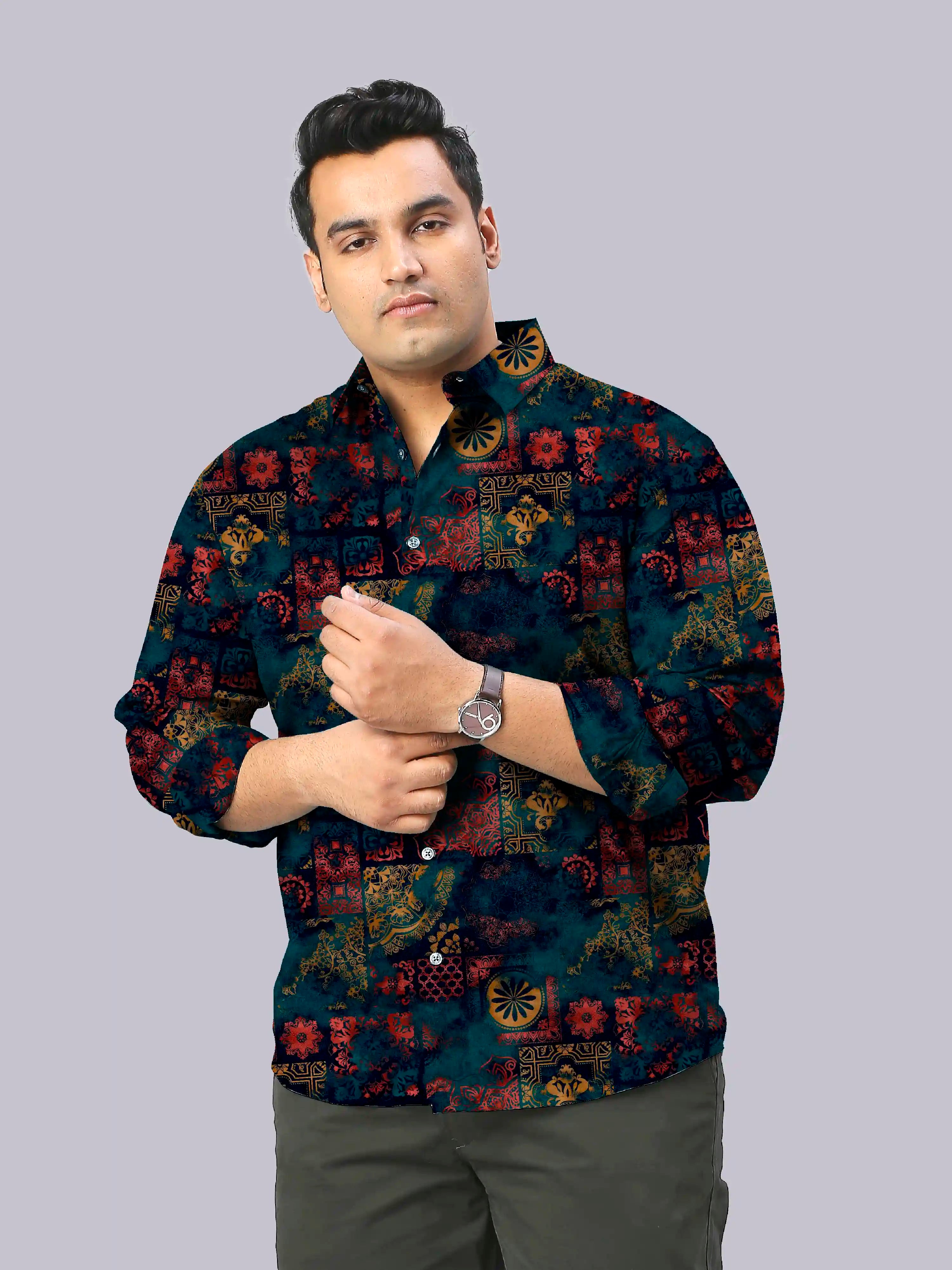 Mandala Pattern Digital Printed Men's Plus Size Full Sleeve Shirt