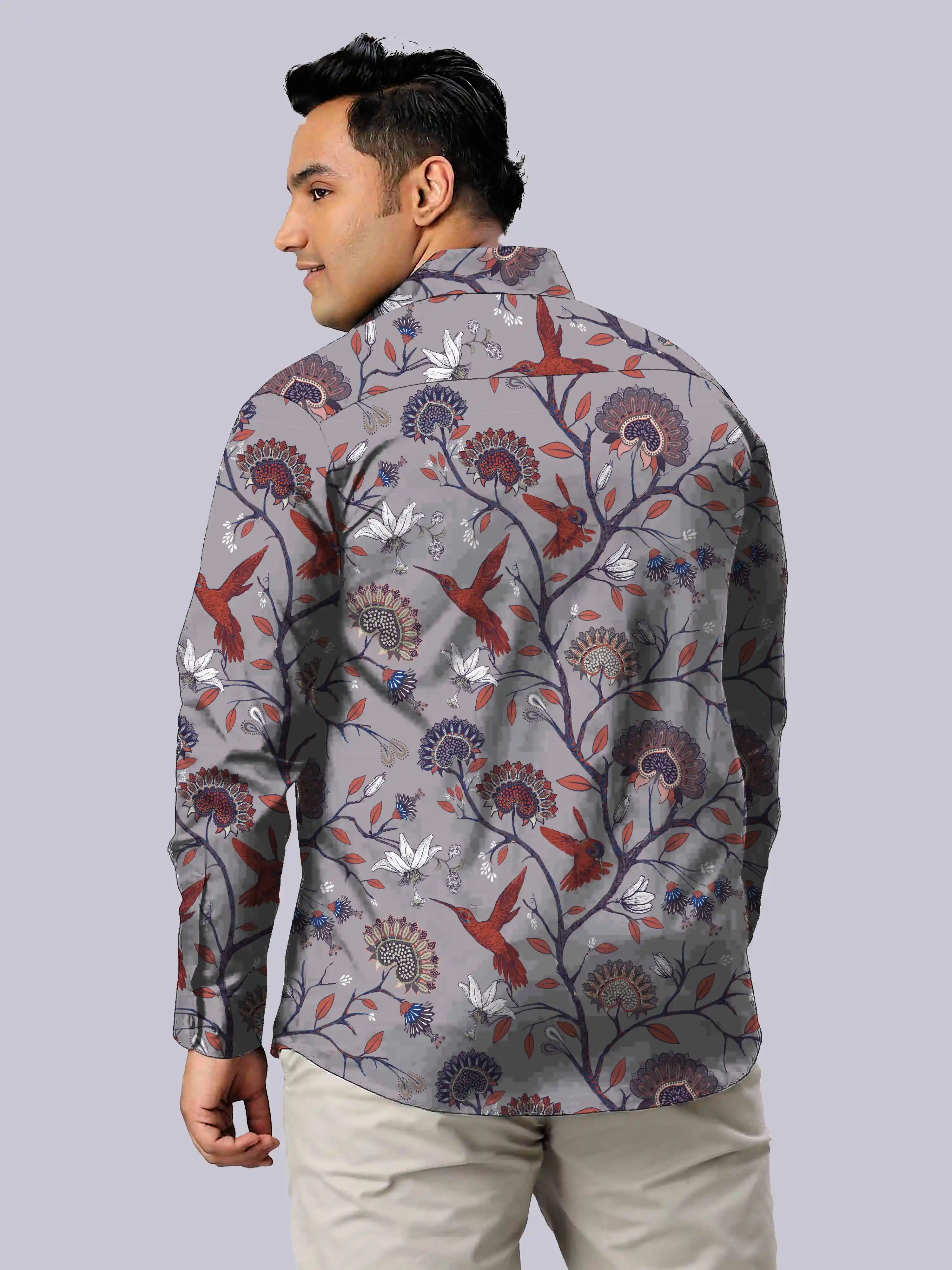 Hummingbird Floral Digital Printed Men's Plus Size Full Sleeve Shirt