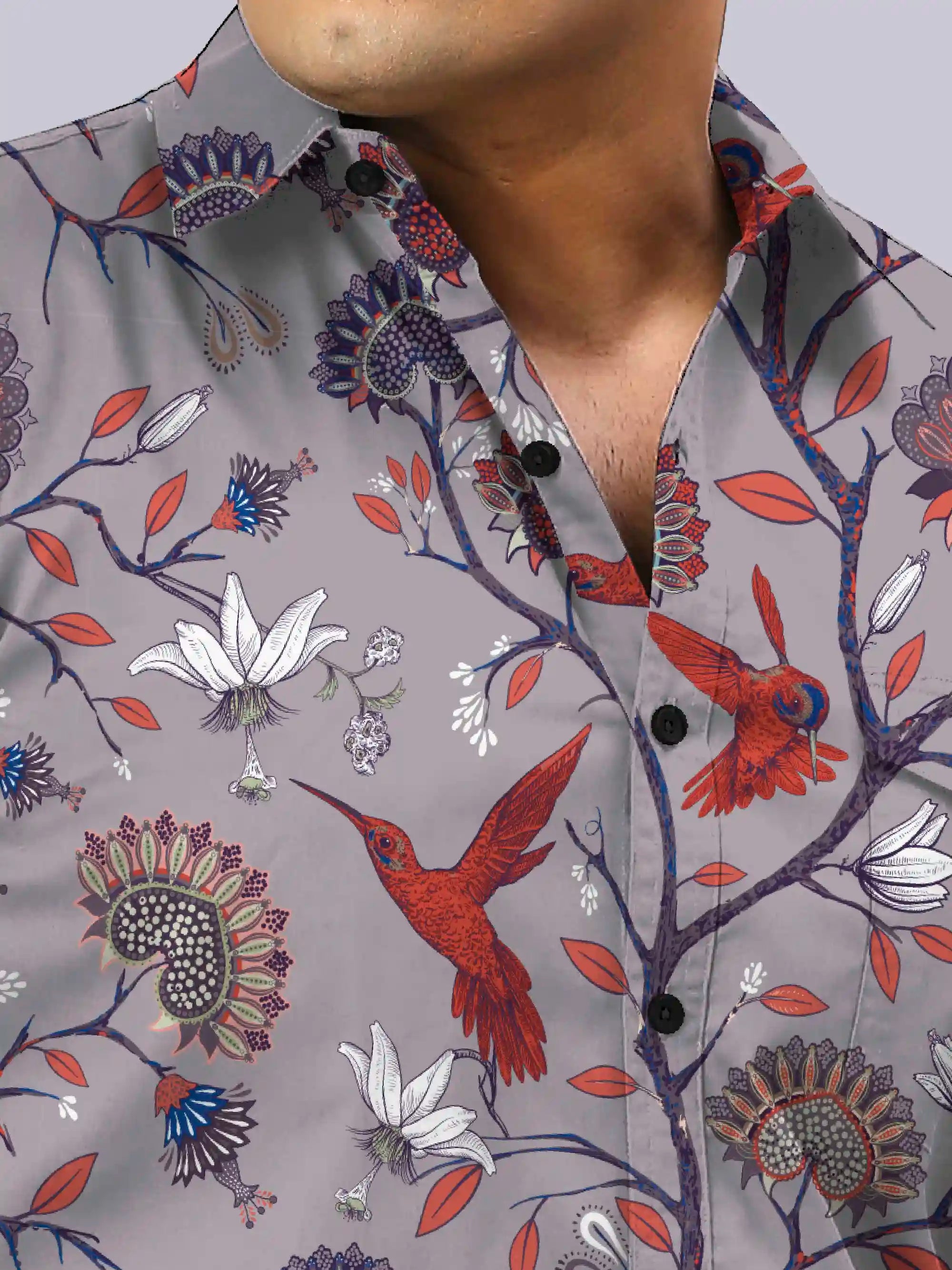 Hummingbird Floral Digital Printed Men's Plus Size Full Sleeve Shirt