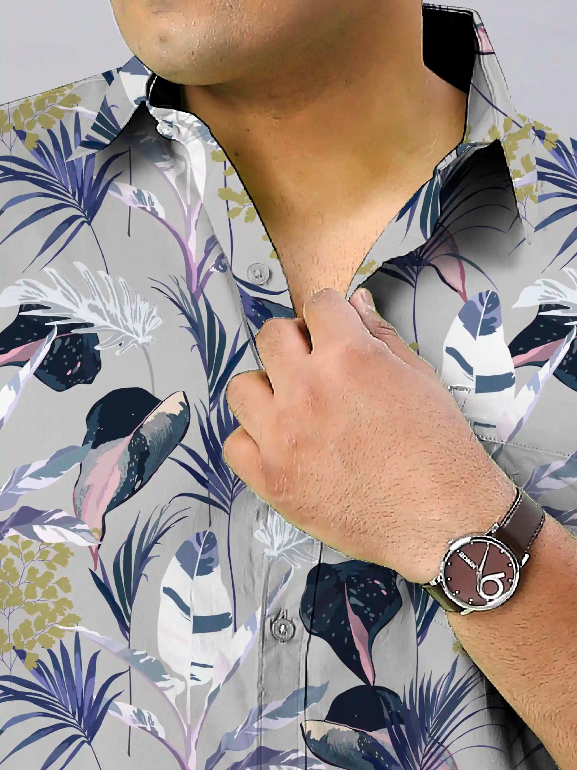 Exotic Leaves Digital Printed Men's Plus Size Full Sleeve Shirt