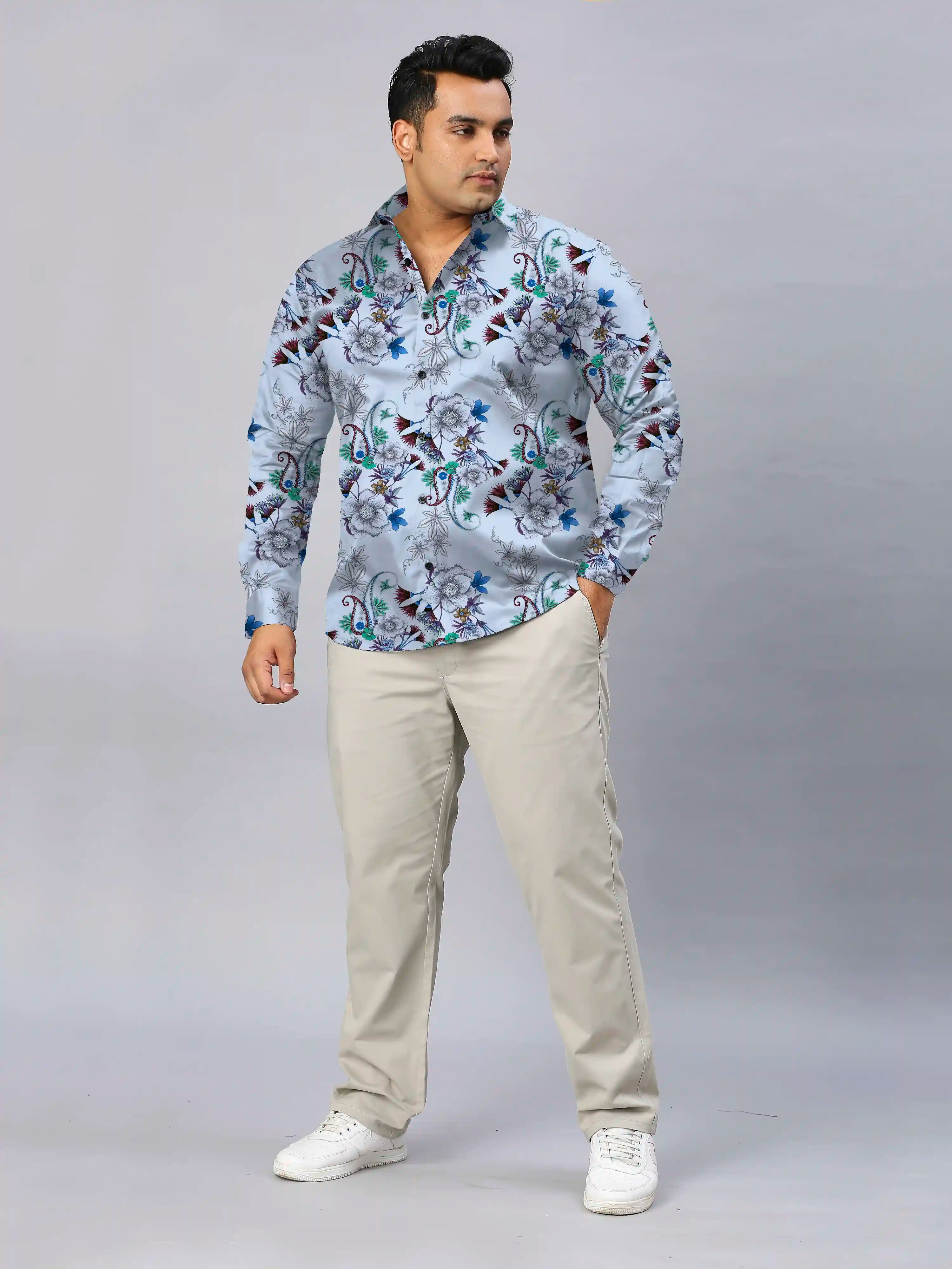 Stylized Flowers Digital Printed Men's Plus Size Full Sleeve Shirt