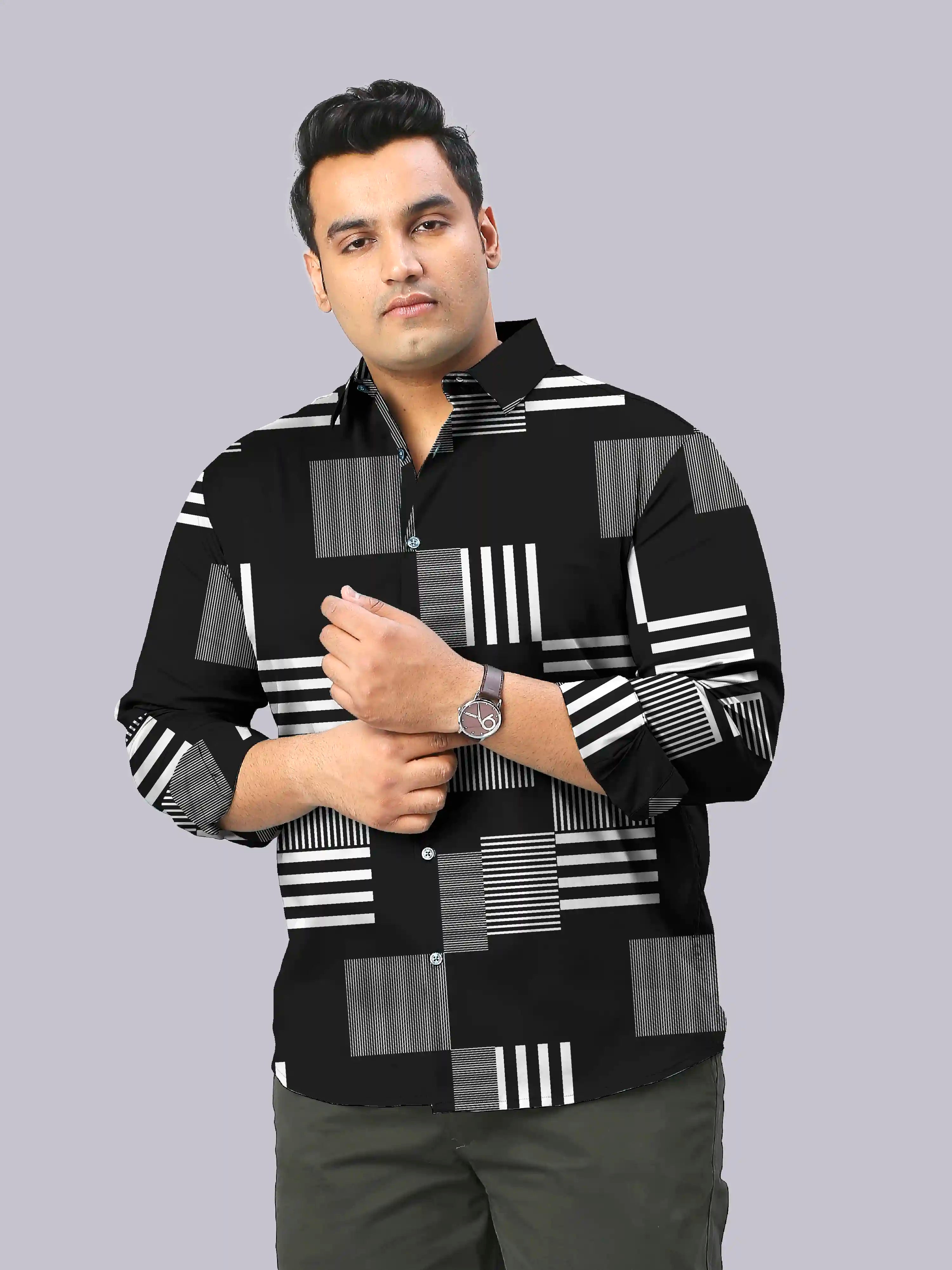 White Striking Printed Men's Plus Size Full Sleeve Shirt