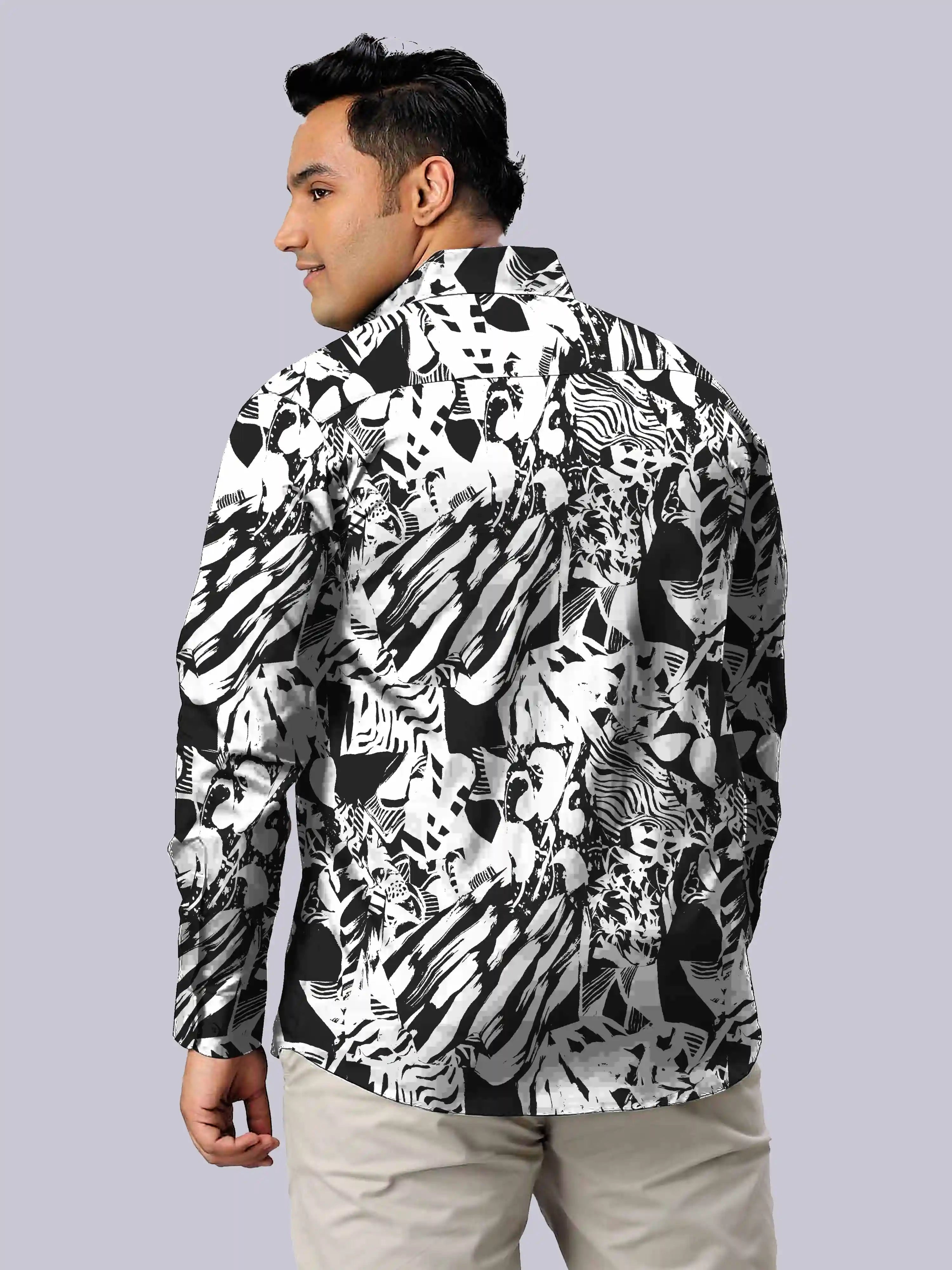 Black and White Collage Printed Men's Plus Size Full Sleeve Shirt