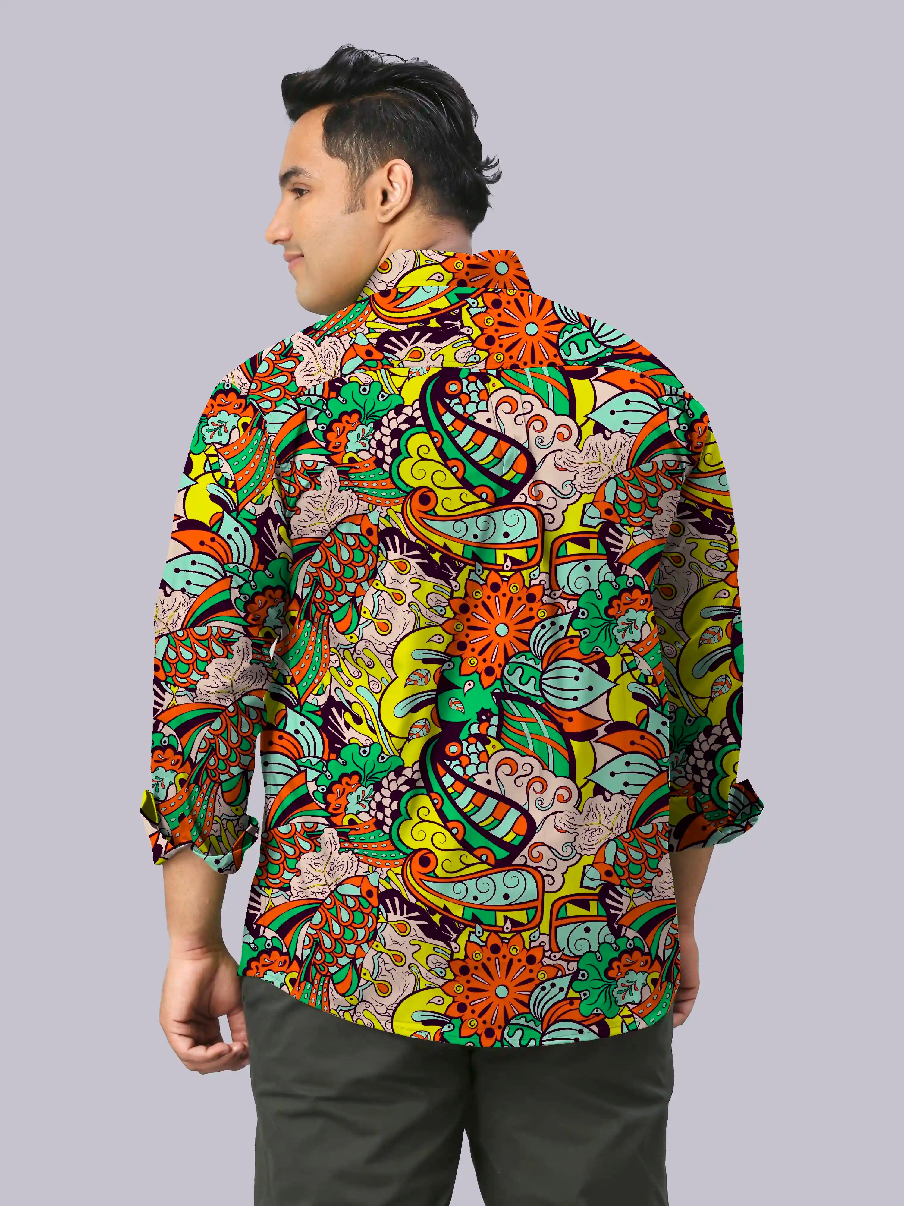 Tracery Pattern Digital Printed Men's Plus Size Full Sleeve Shirt