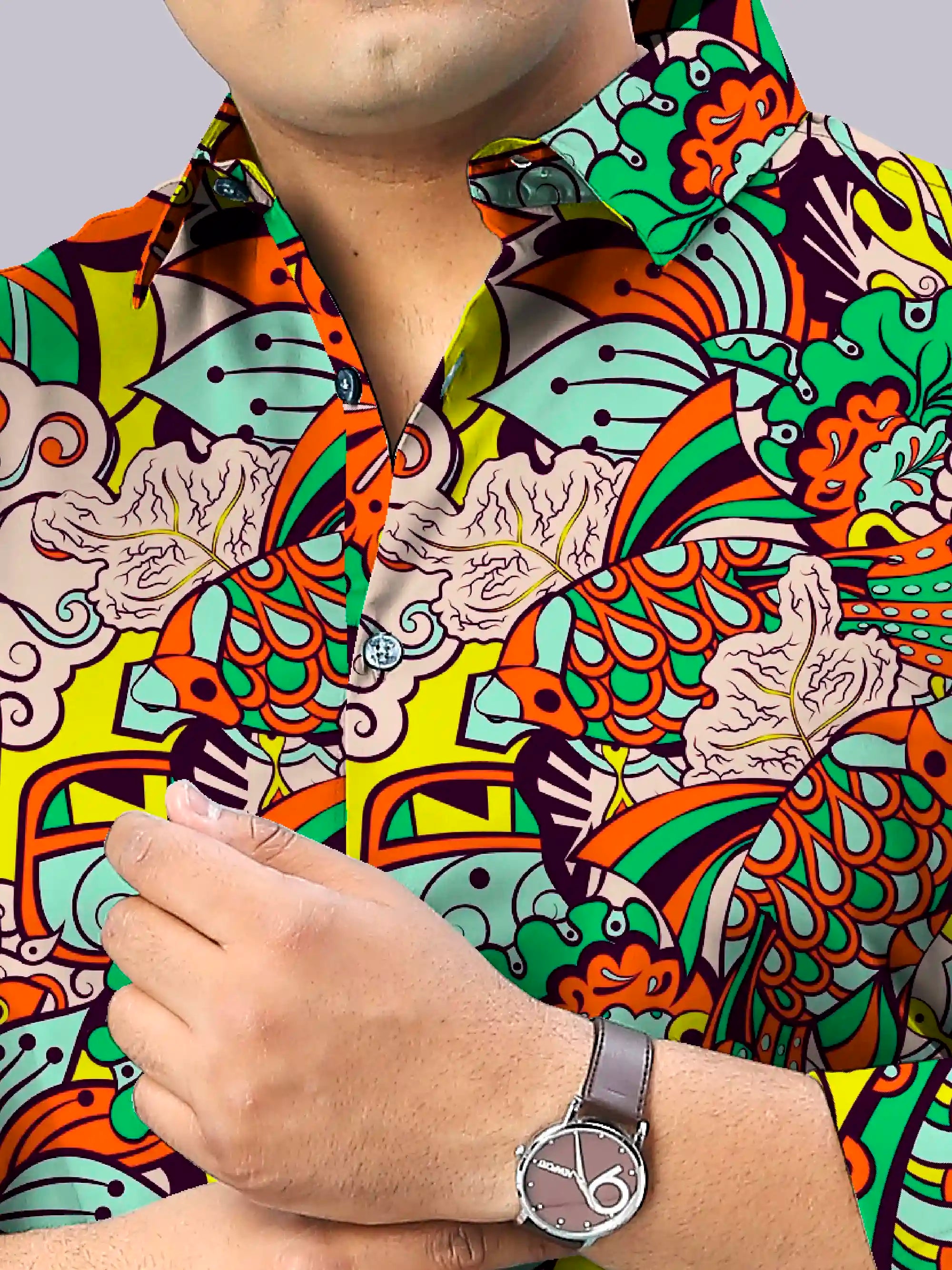 Tracery Pattern Digital Printed Men's Plus Size Full Sleeve Shirt