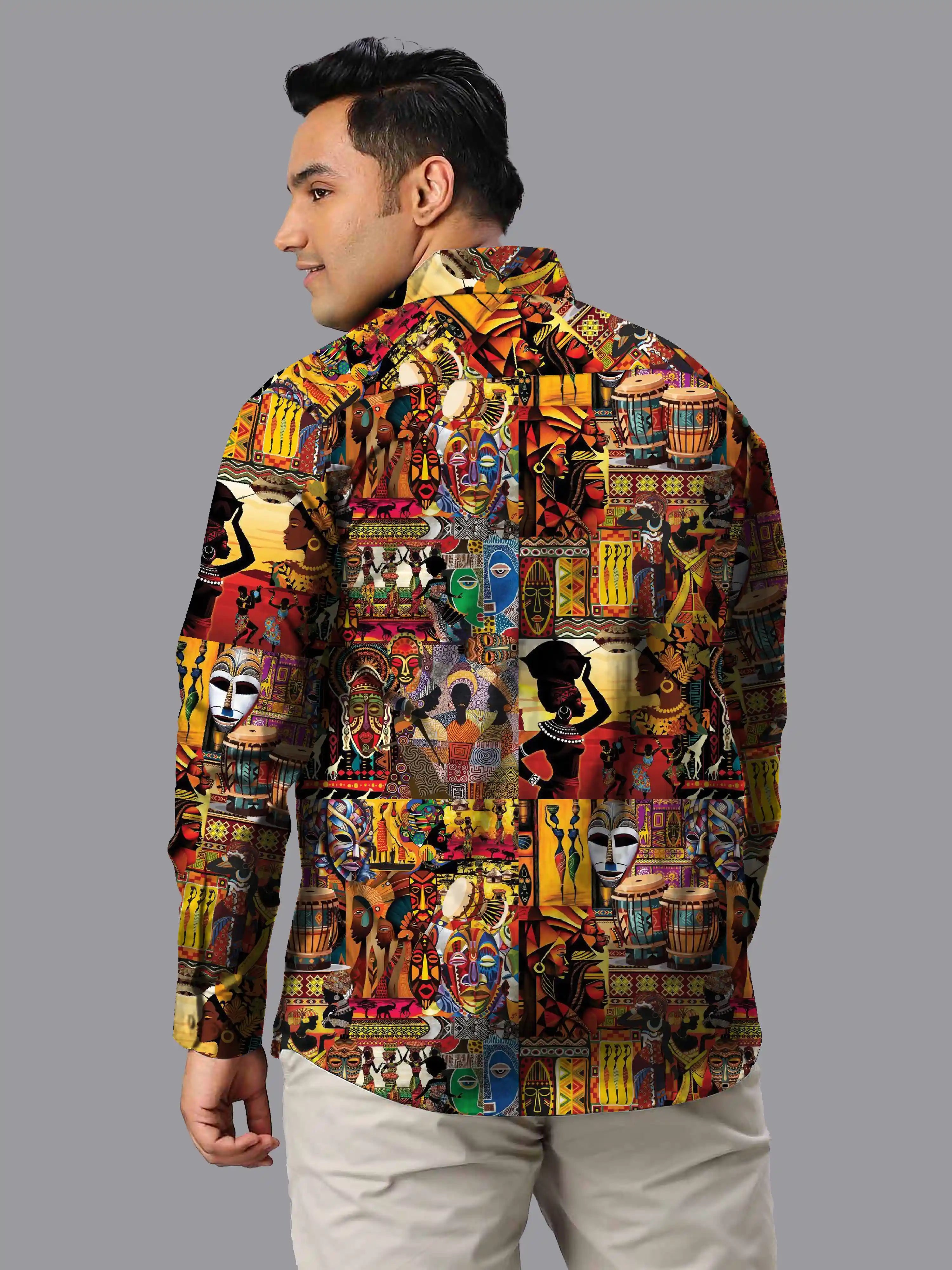 African Tribal Art Digital Printed Men's Plus Size Full Sleeve Shirt
