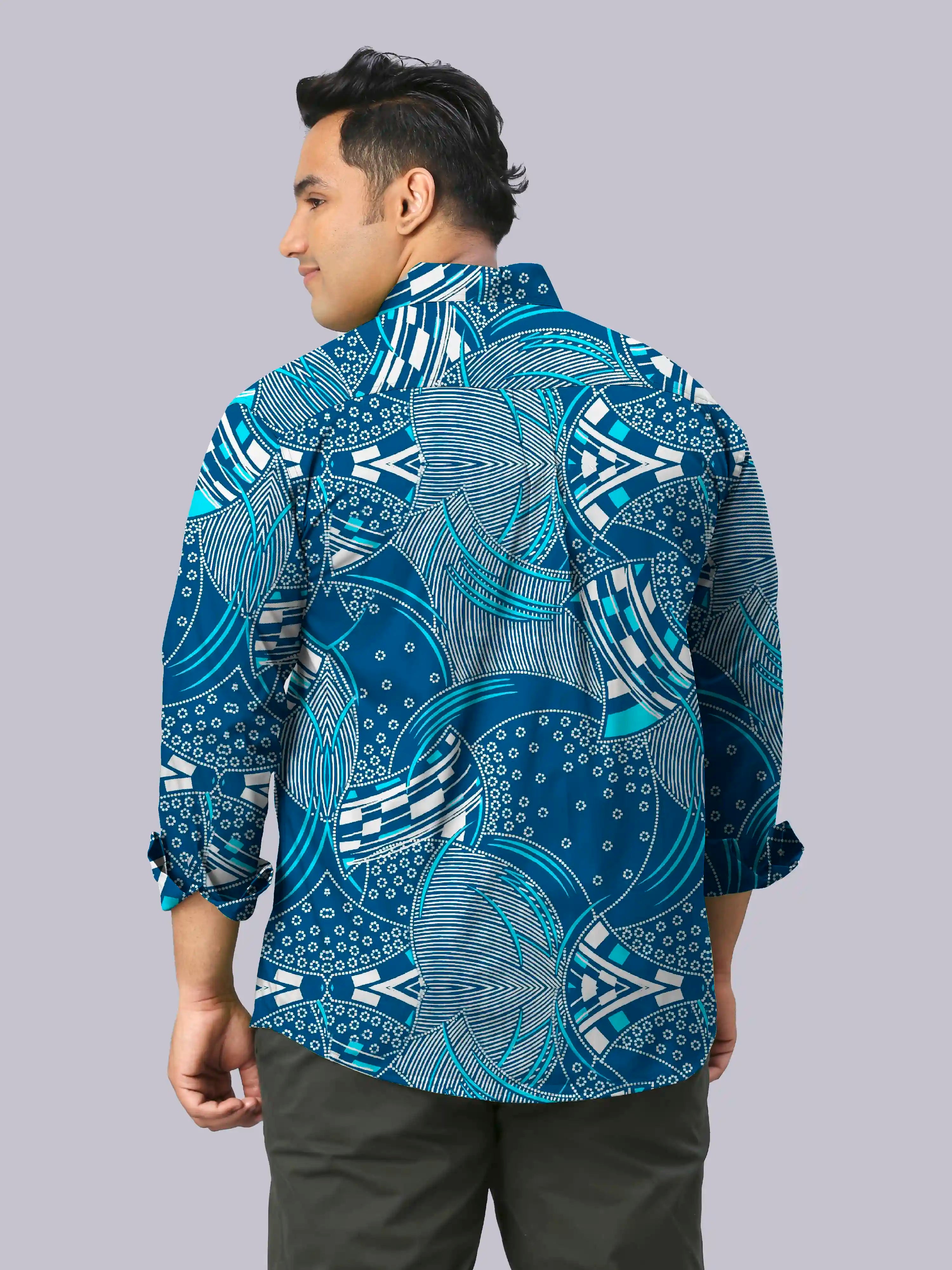 Blue and White Abstract Digital Printed Men's Plus Size Full Sleeve Shirt