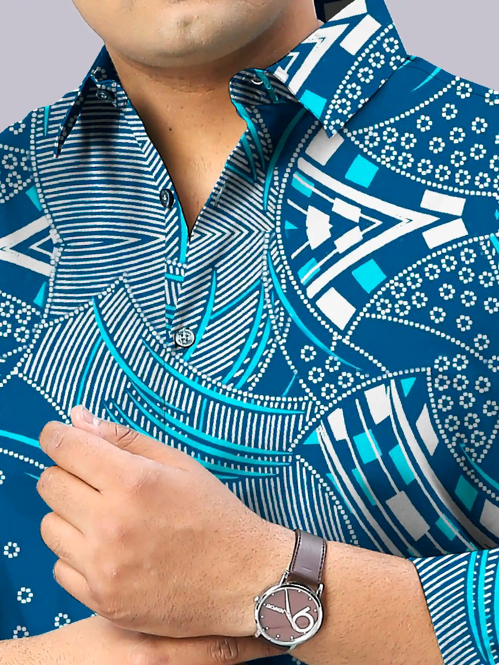 Blue and White Abstract Digital Printed Men's Plus Size Full Sleeve Shirt