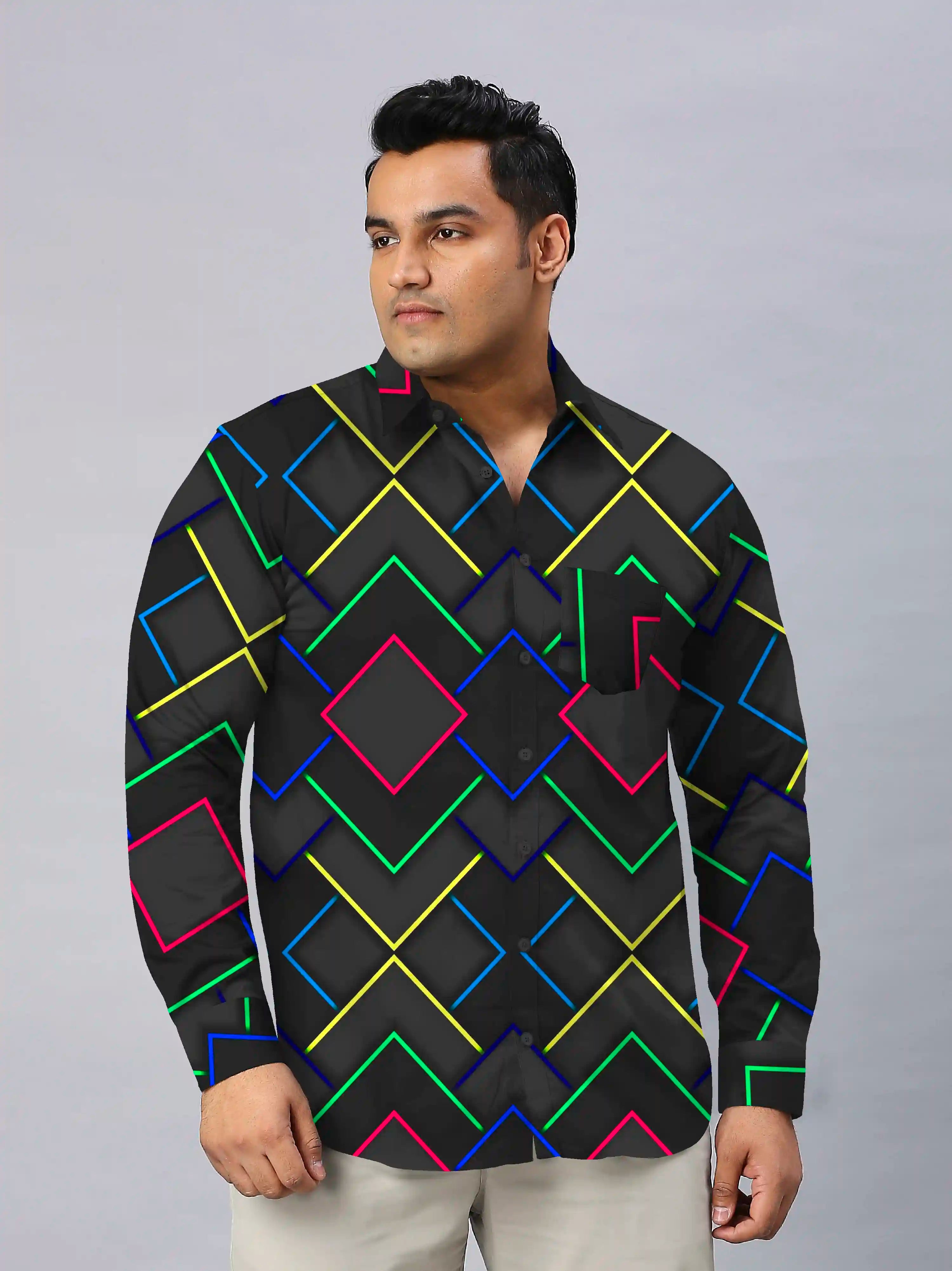 Neon lines Digital Printed Men's Plus Size Full Sleeve Shirt