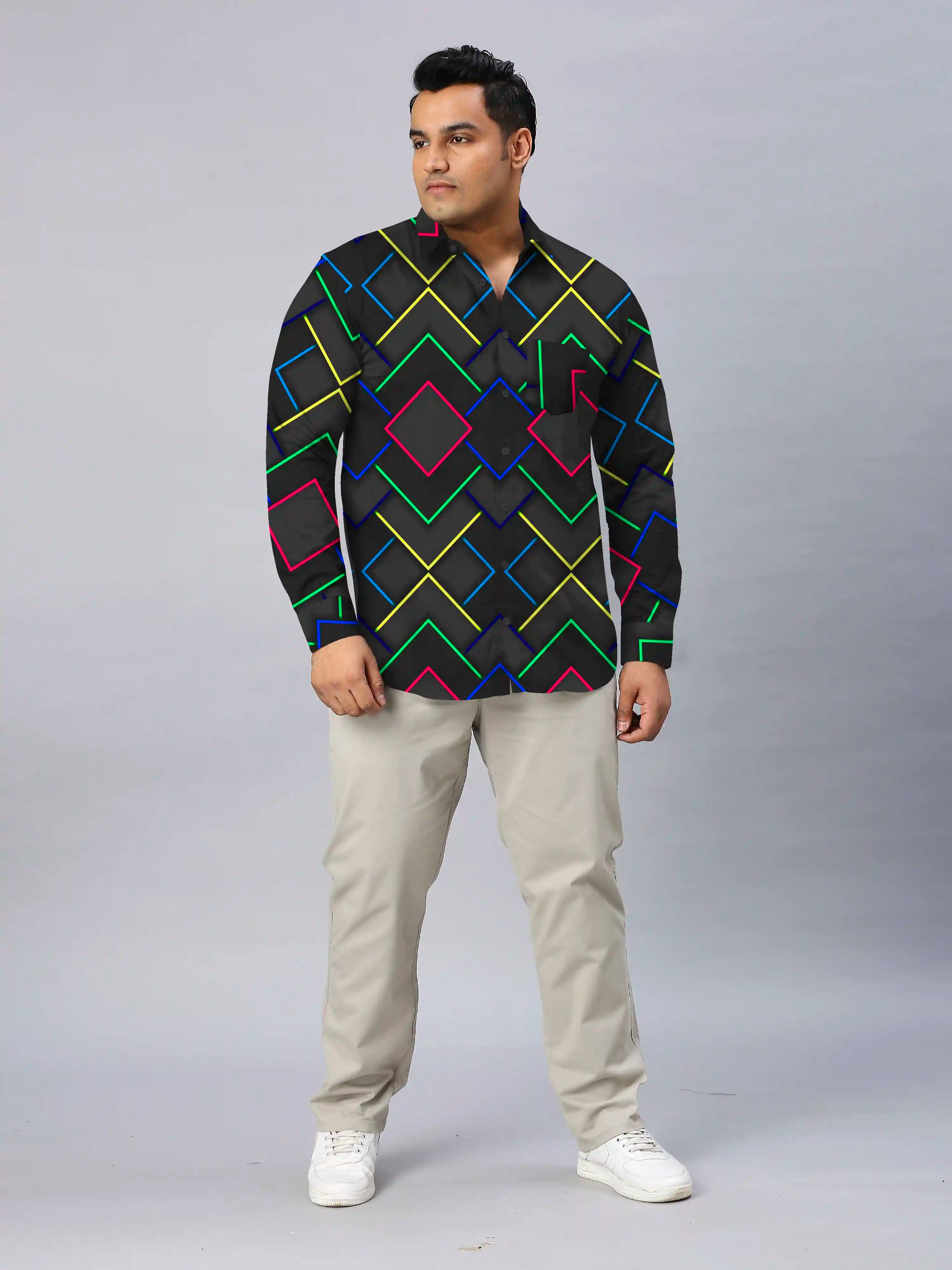 Neon lines Digital Printed Men's Plus Size Full Sleeve Shirt