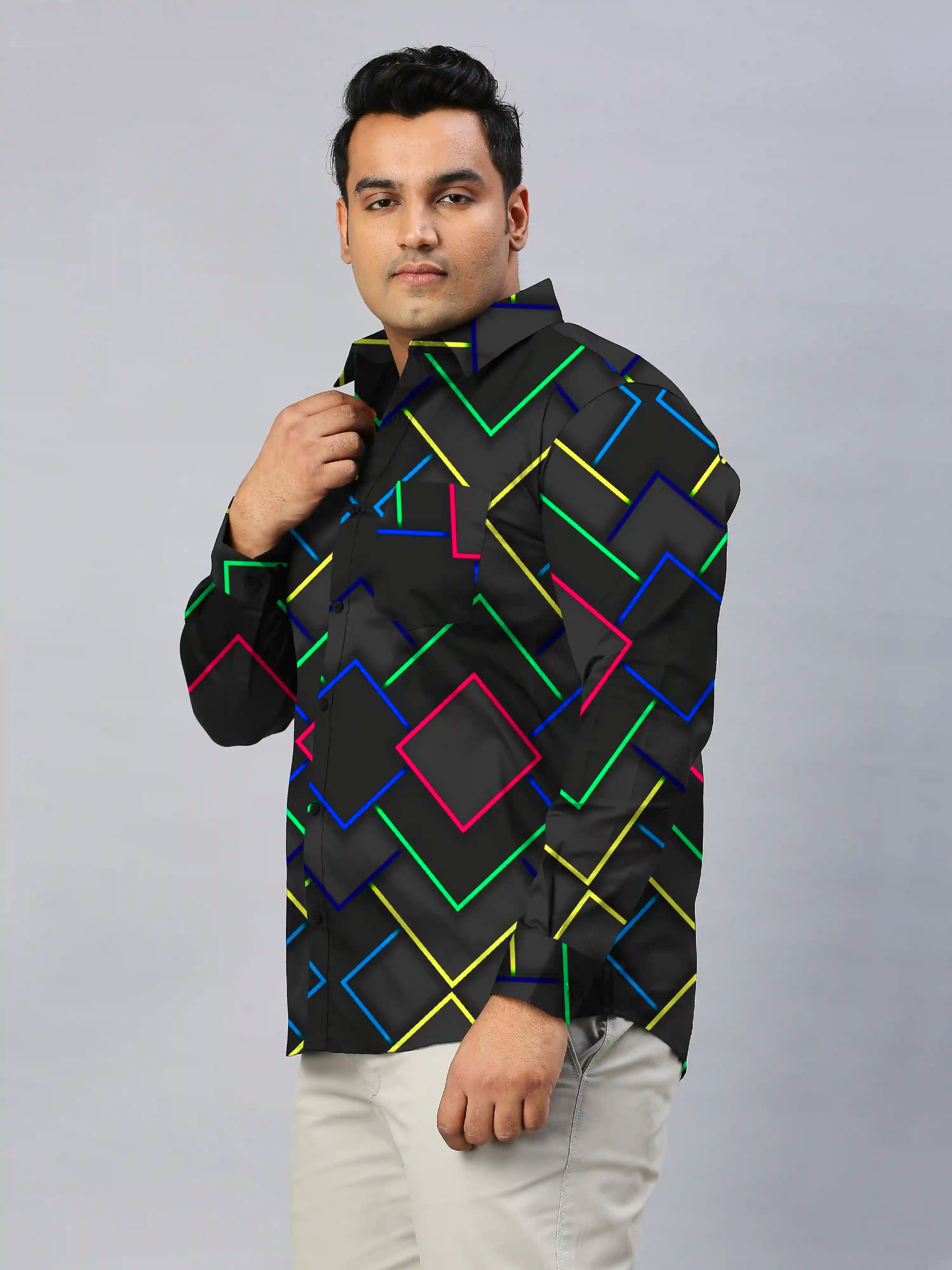 Neon lines Digital Printed Men's Plus Size Full Sleeve Shirt