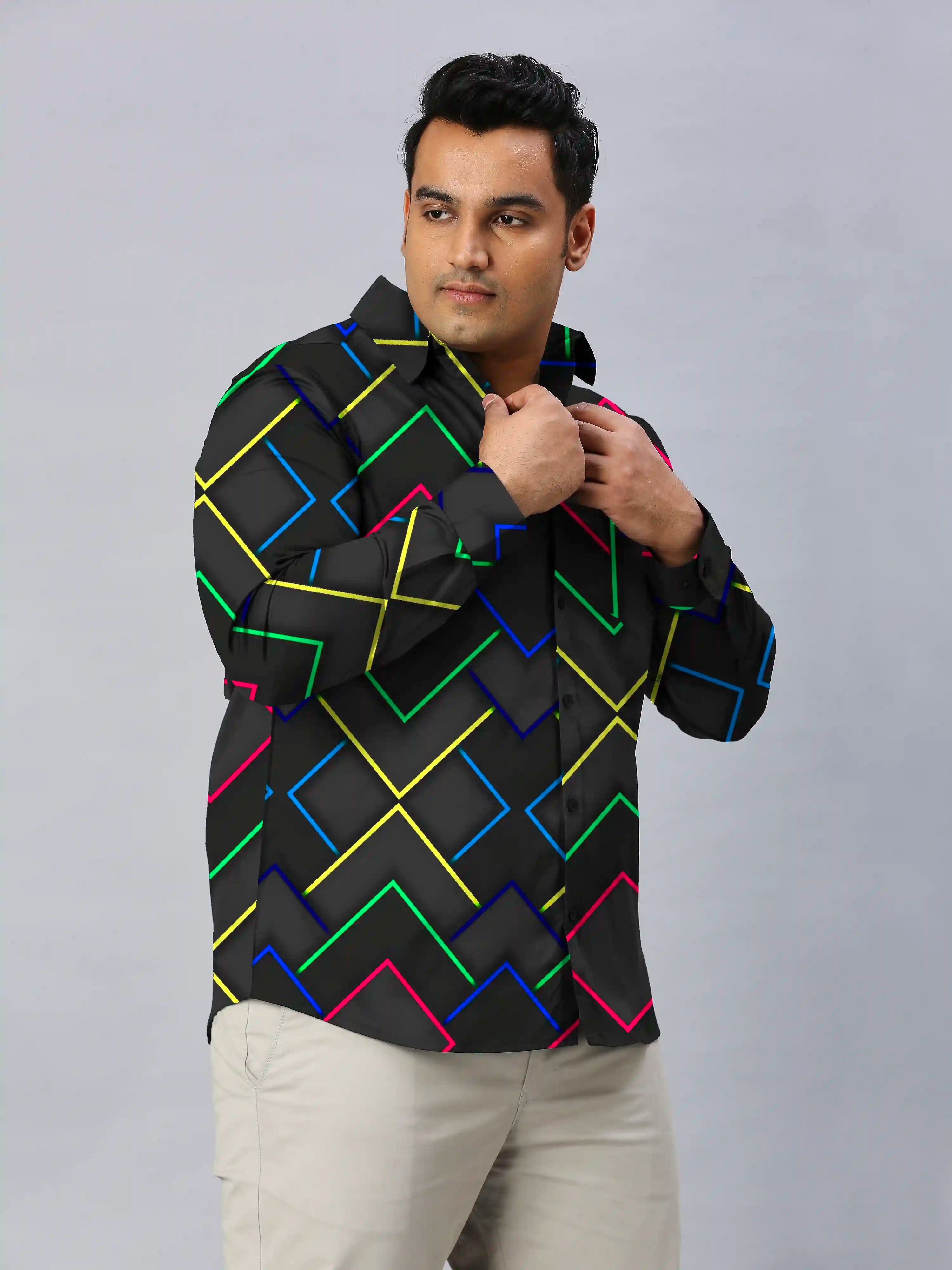Neon lines Digital Printed Men's Plus Size Full Sleeve Shirt