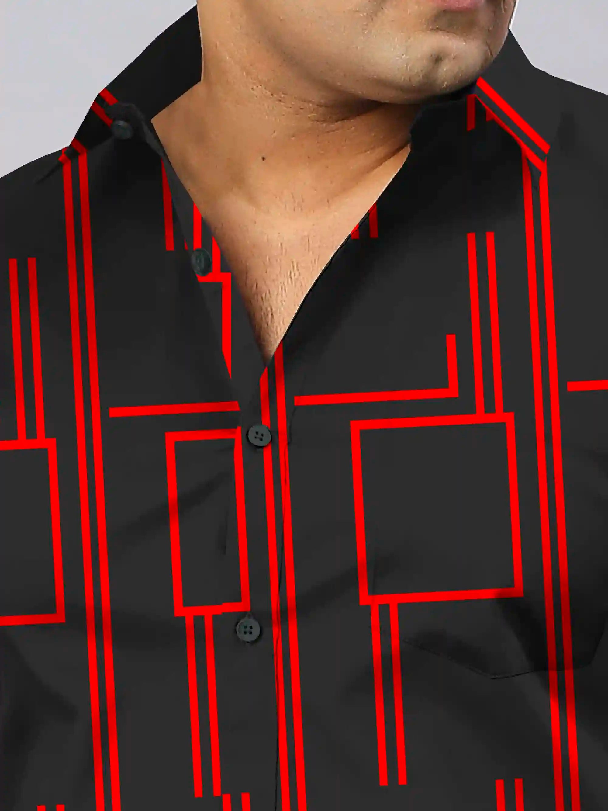 Red Square Lines Printed Men's Plus Size Full Sleeve Shirt