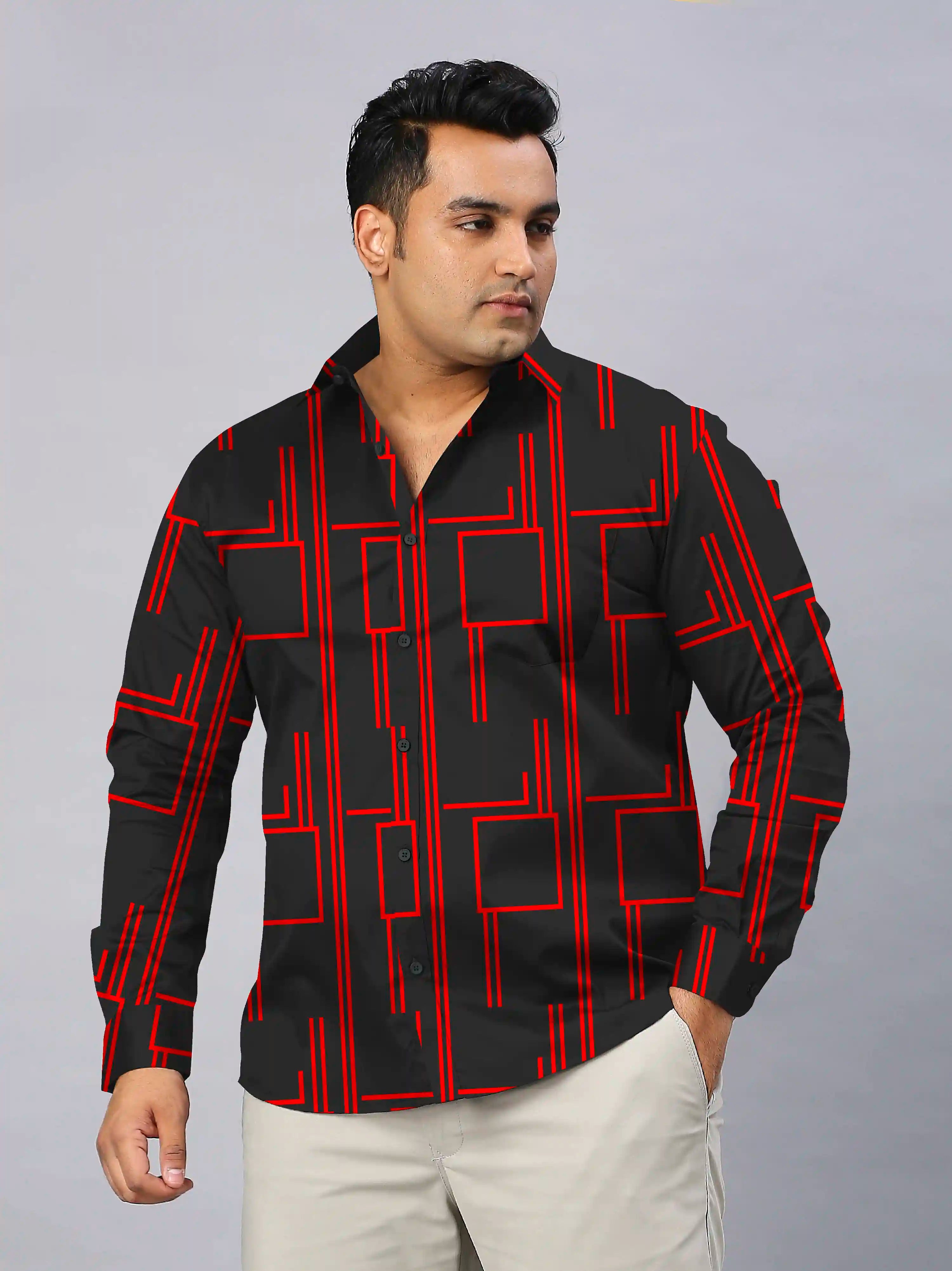 Red Square Lines Printed Men's Plus Size Full Sleeve Shirt