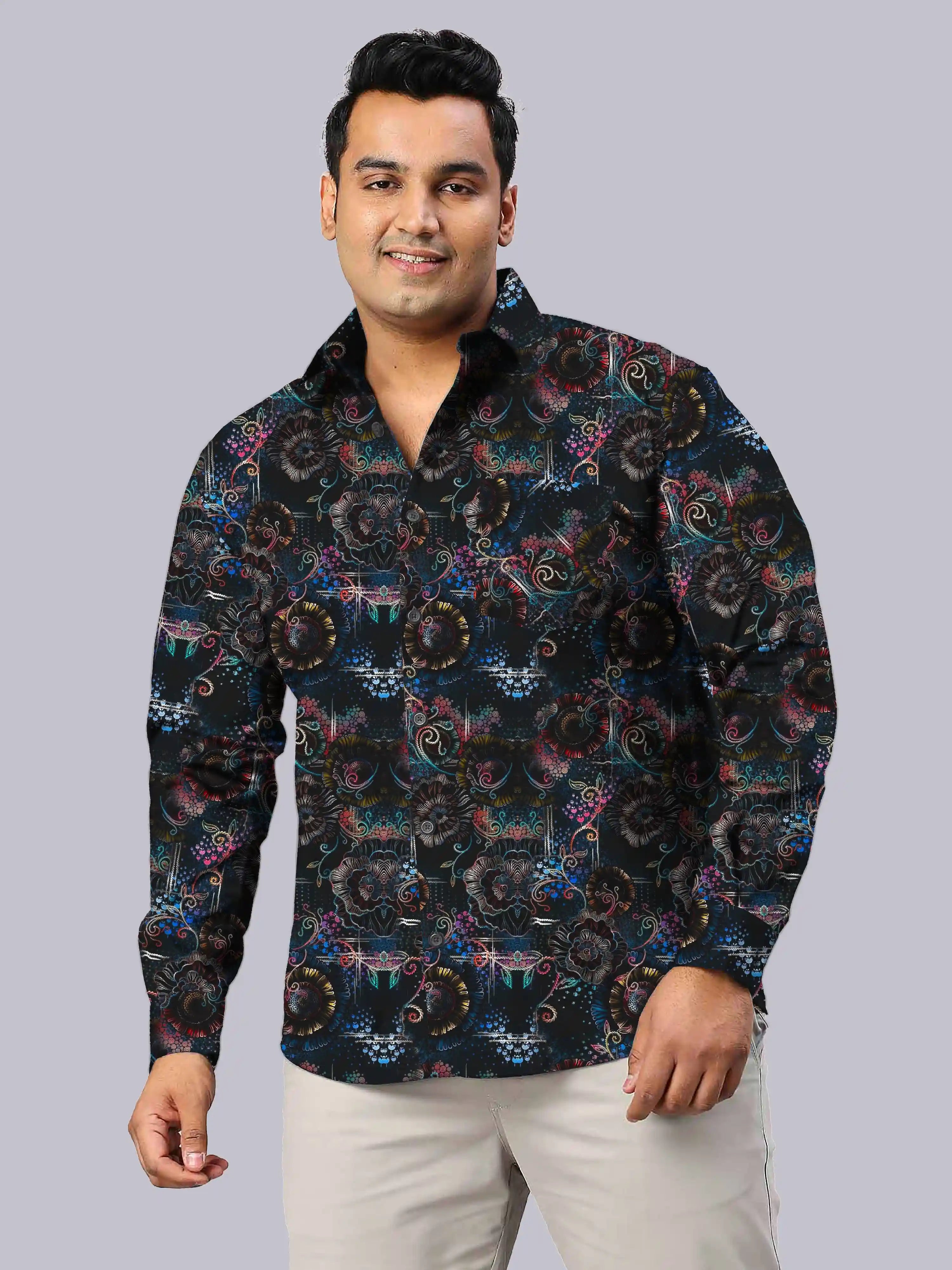 Vibrant Floral Printed Men's Plus Size Full Sleeve Shirt
