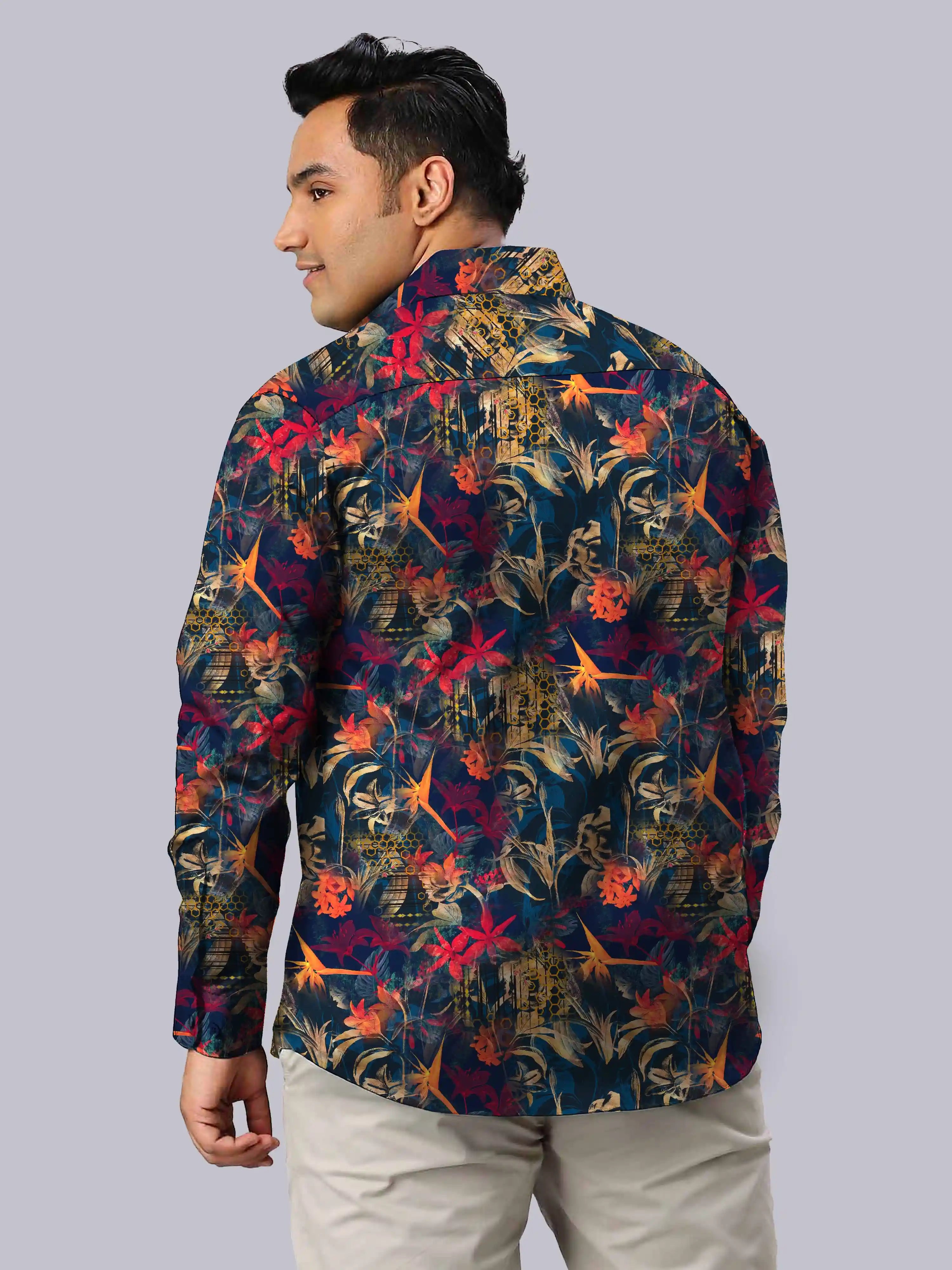 Tropical Floral Theme Printed Men's Plus Size Full Sleeve Shirt