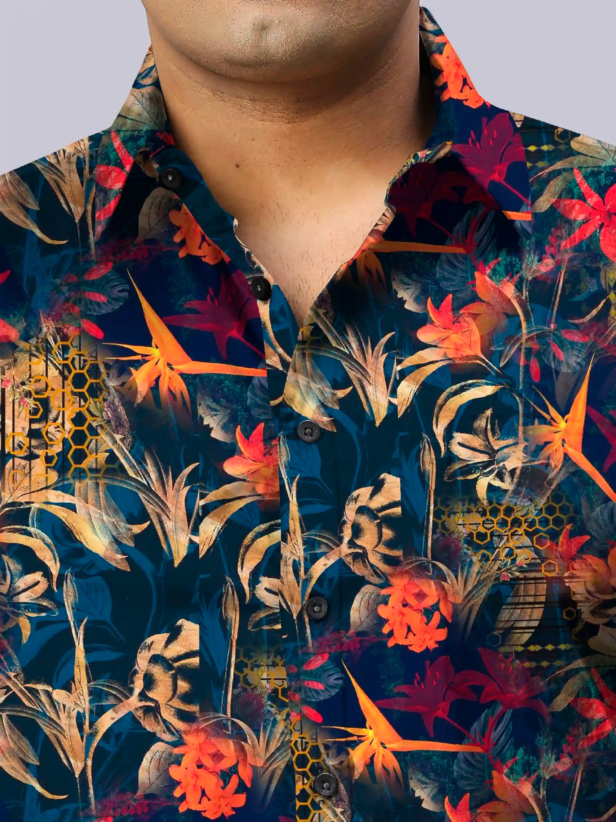 Tropical Floral Theme Printed Men's Plus Size Full Sleeve Shirt