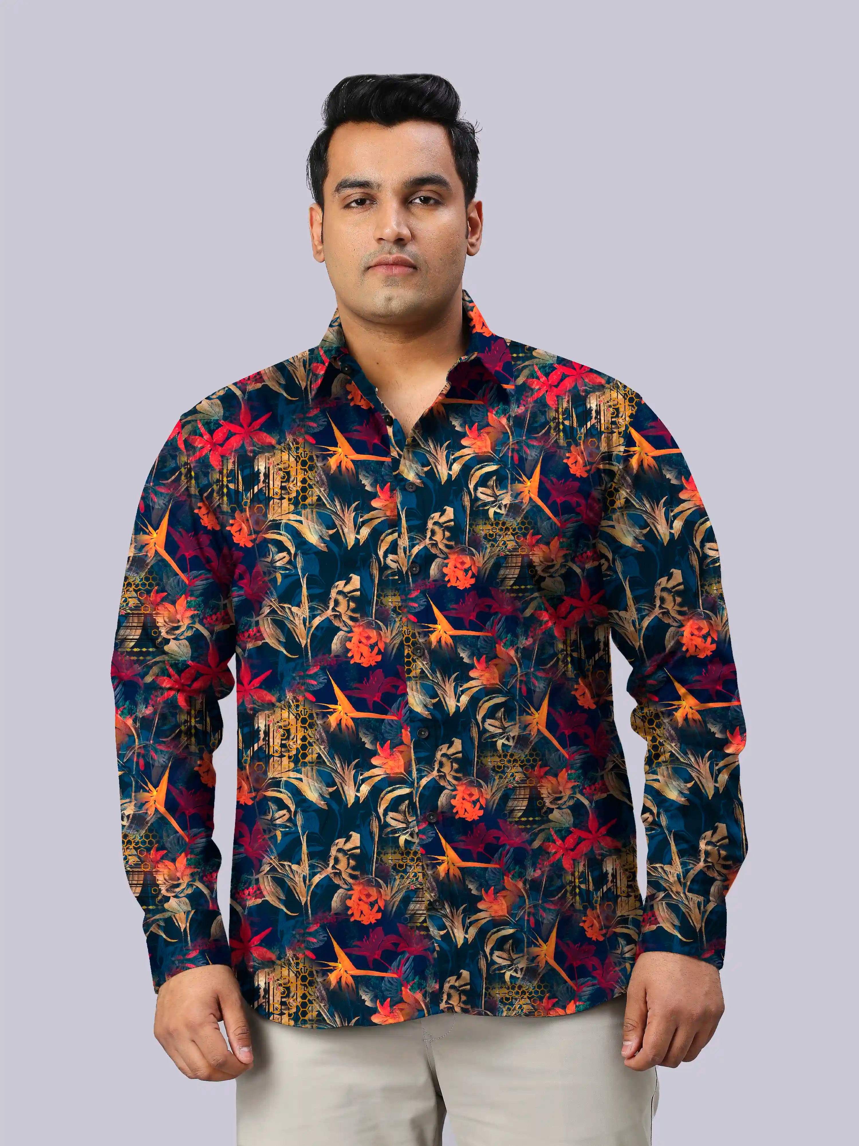 Tropical Floral Theme Printed Men's Plus Size Full Sleeve Shirt