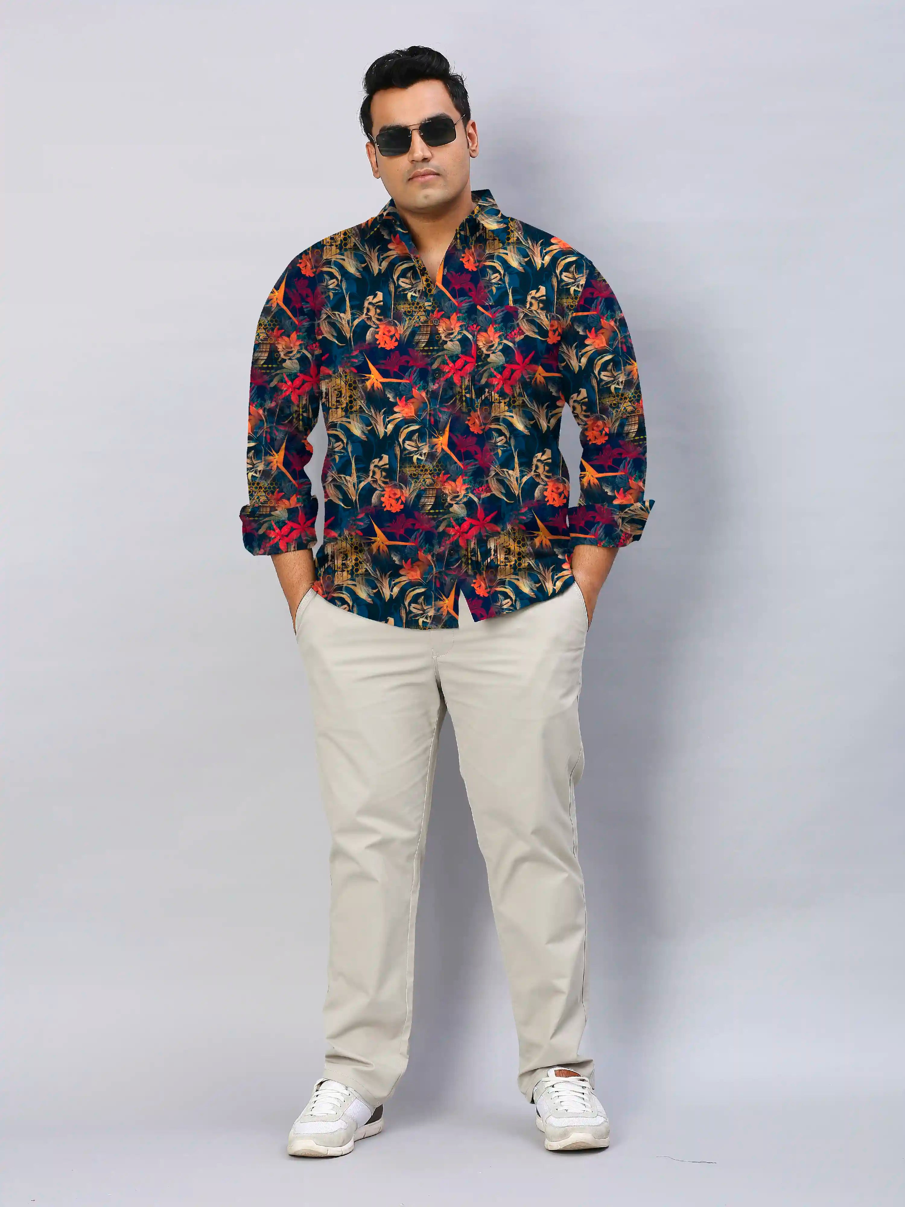 Tropical Floral Theme Printed Men's Plus Size Full Sleeve Shirt