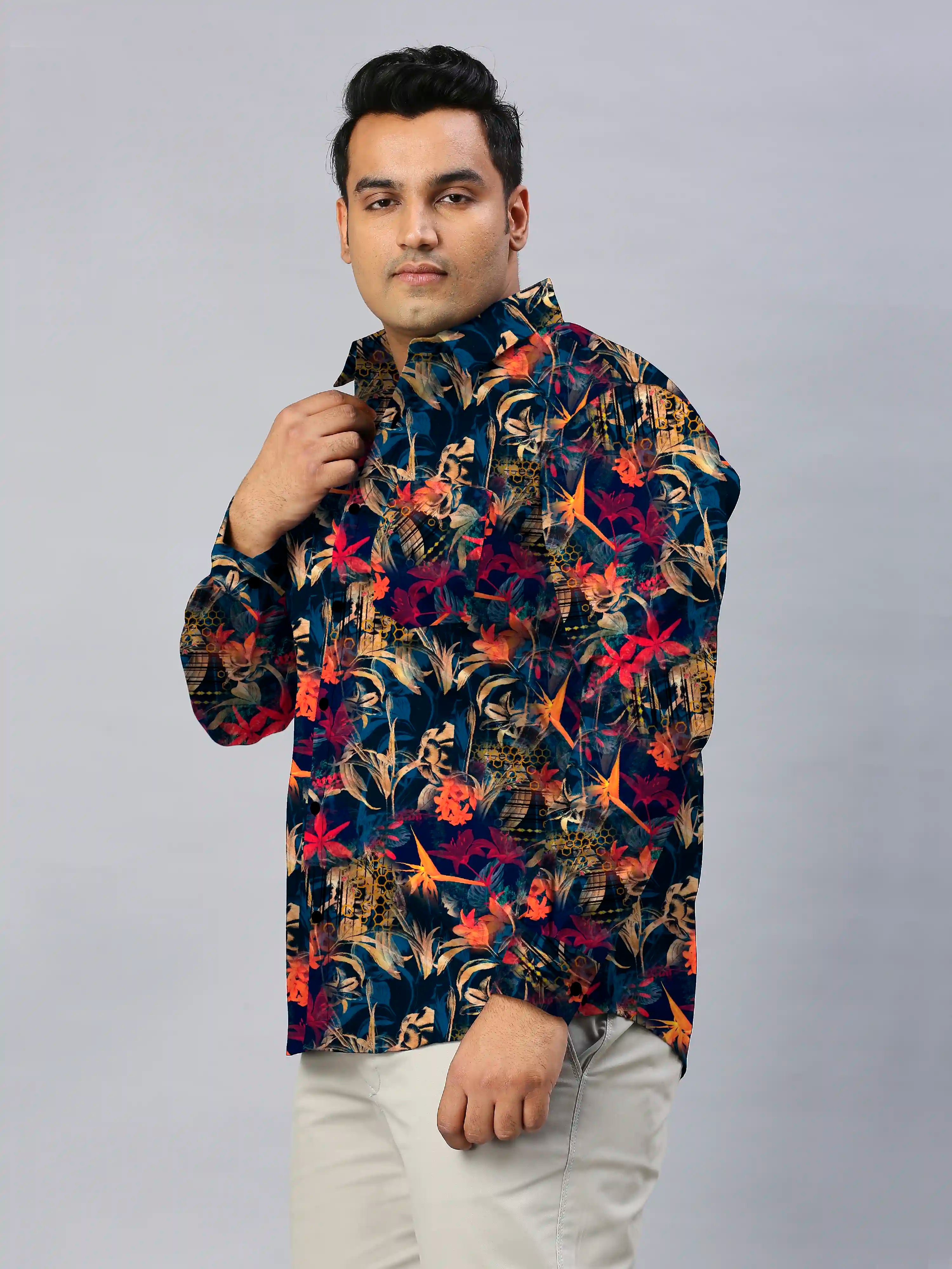 Tropical Floral Theme Printed Men's Plus Size Full Sleeve Shirt