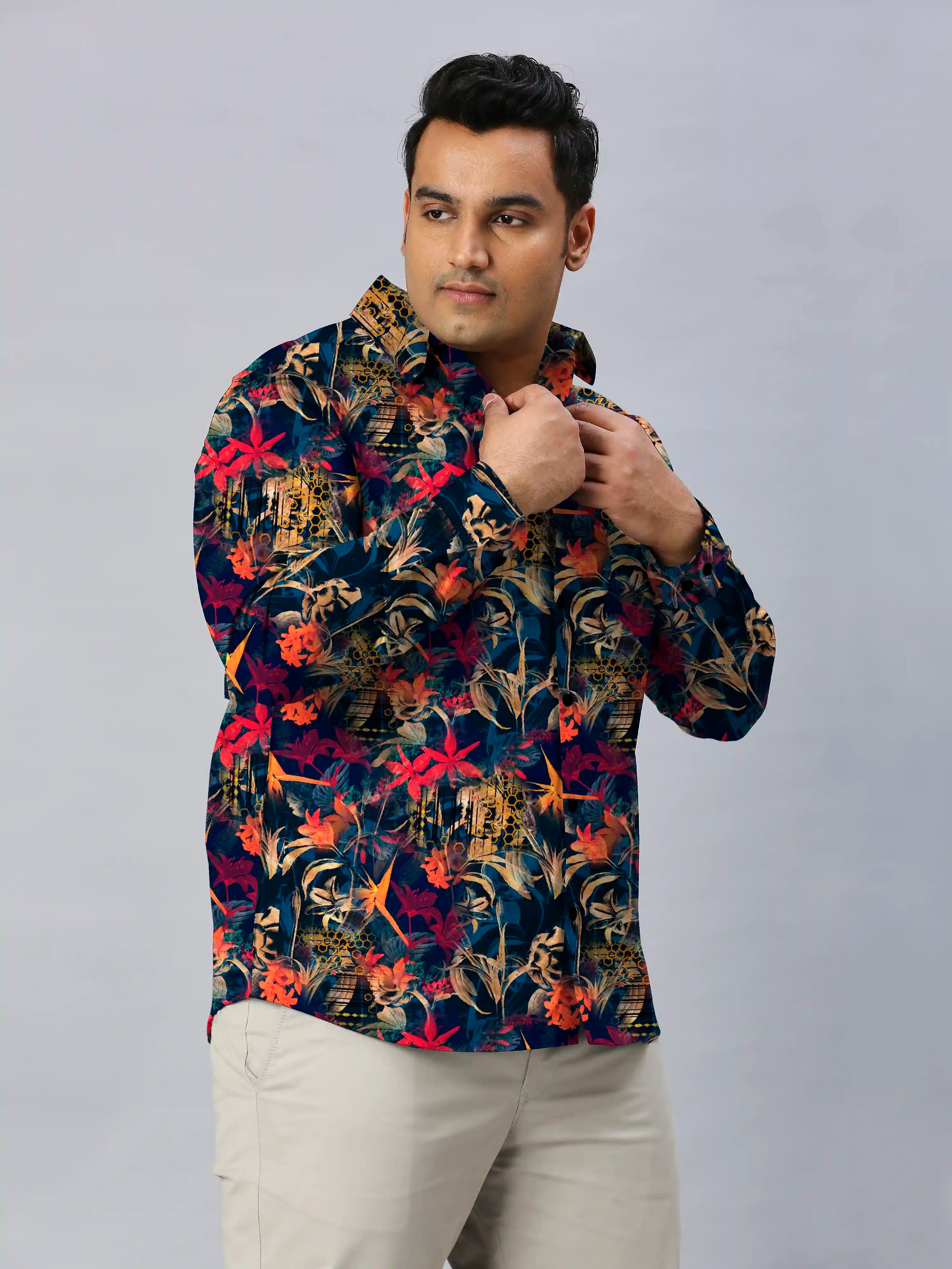 Tropical Floral Theme Printed Men's Plus Size Full Sleeve Shirt