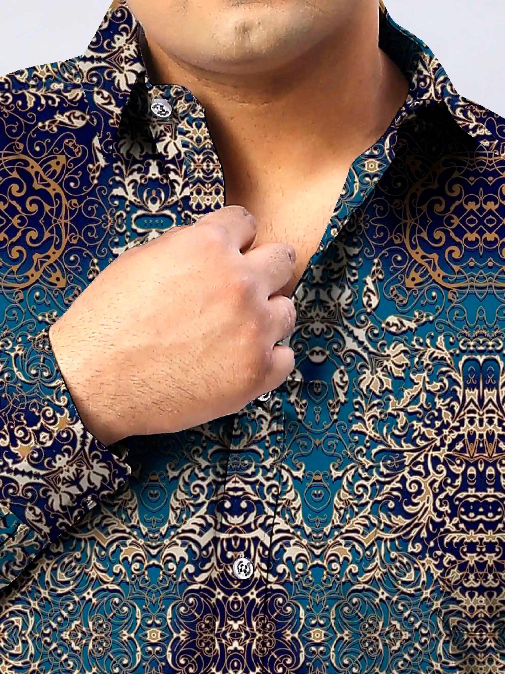 Gold Damask Digital Printed Men's Plus Size Full Sleeve Shirt