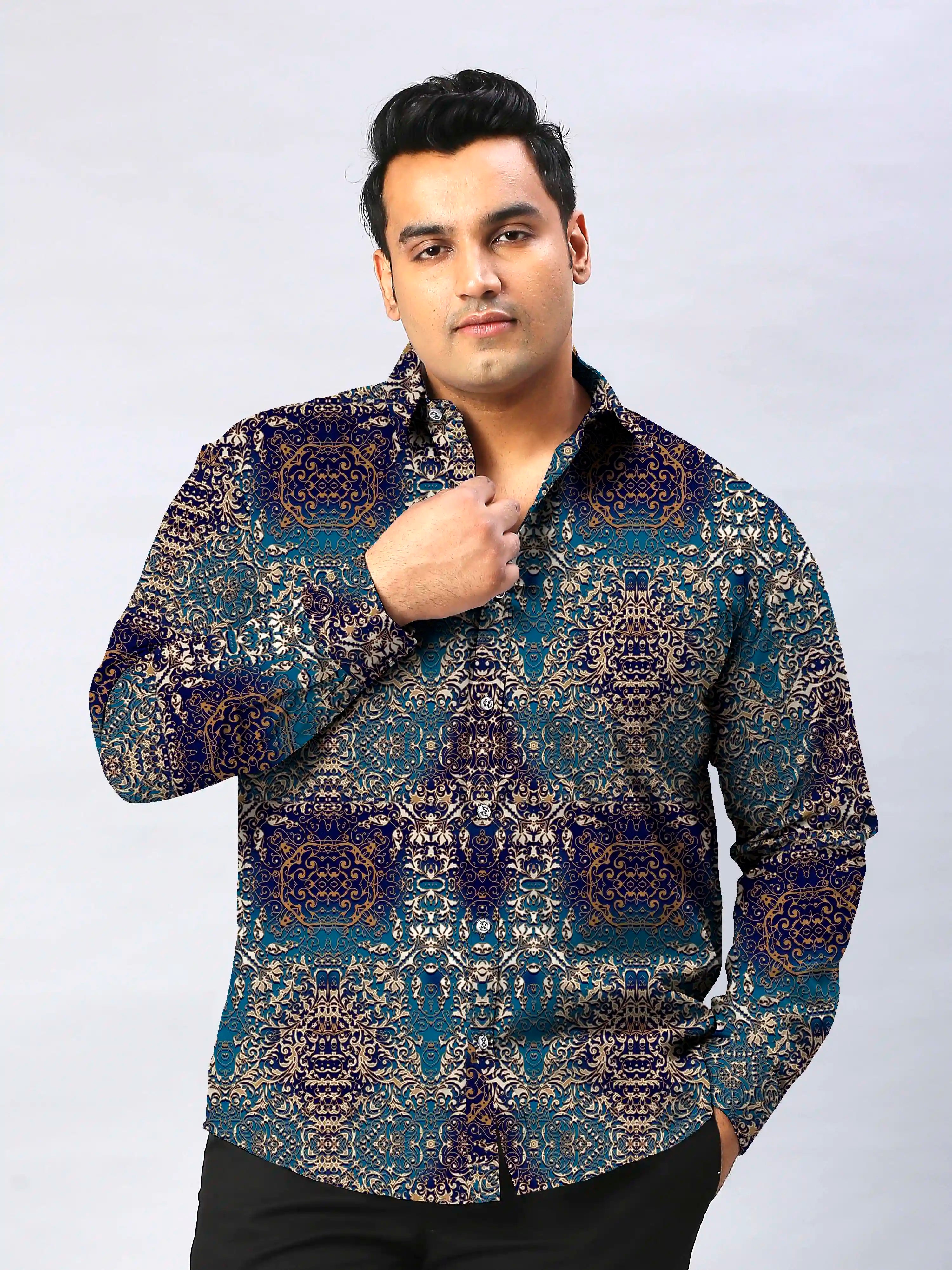 Gold Damask Digital Printed Men's Plus Size Full Sleeve Shirt