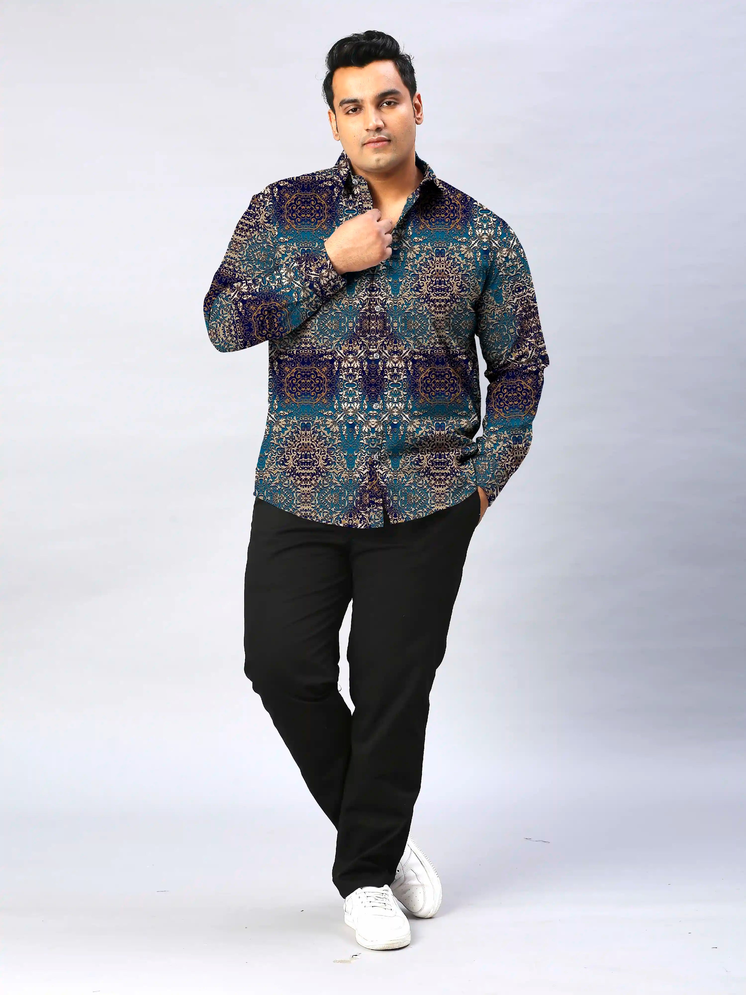 Gold Damask Digital Printed Men's Plus Size Full Sleeve Shirt