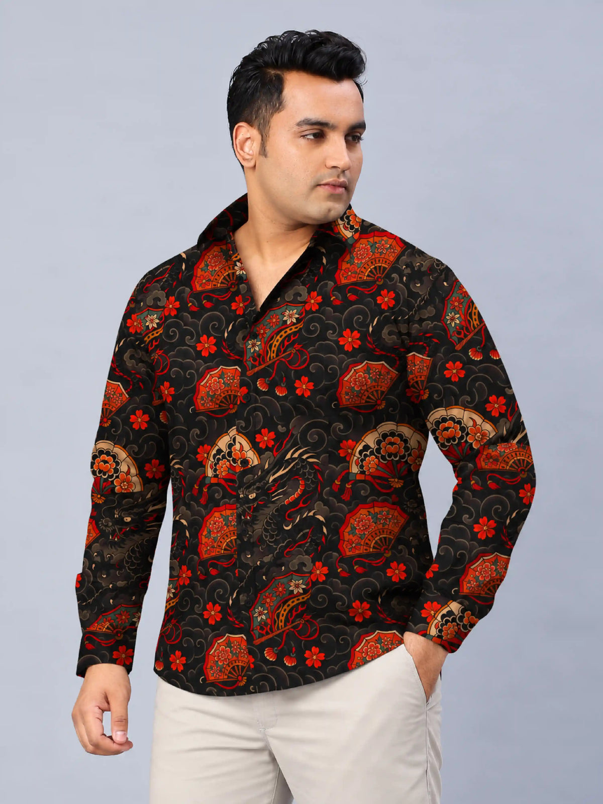 Kyoto Dragon Digital Printed Men's Plus Size Full Sleeve Shirt