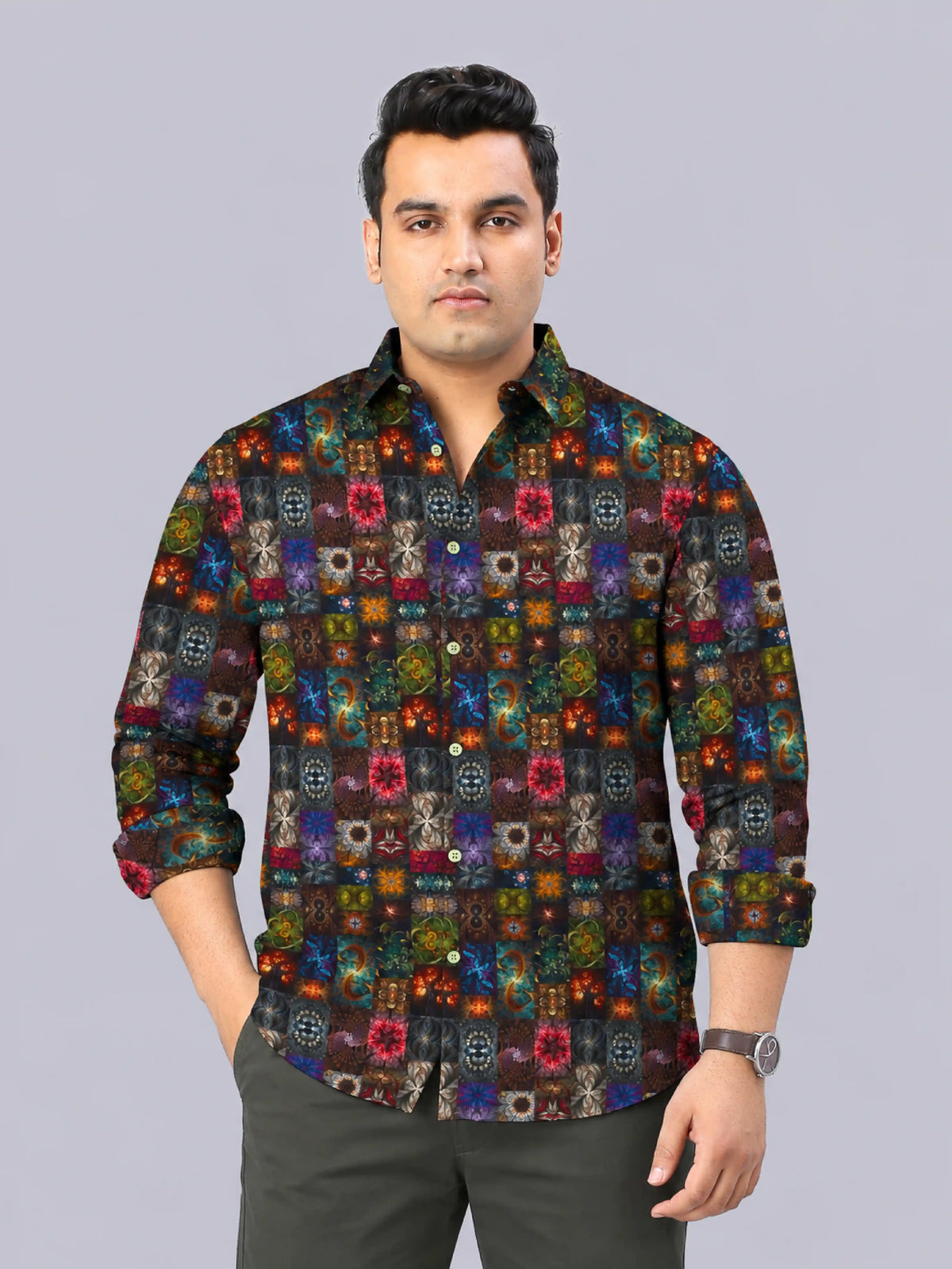 Mystic Fractal Digital Printed Men's Plus Size Full Sleeve Shirt