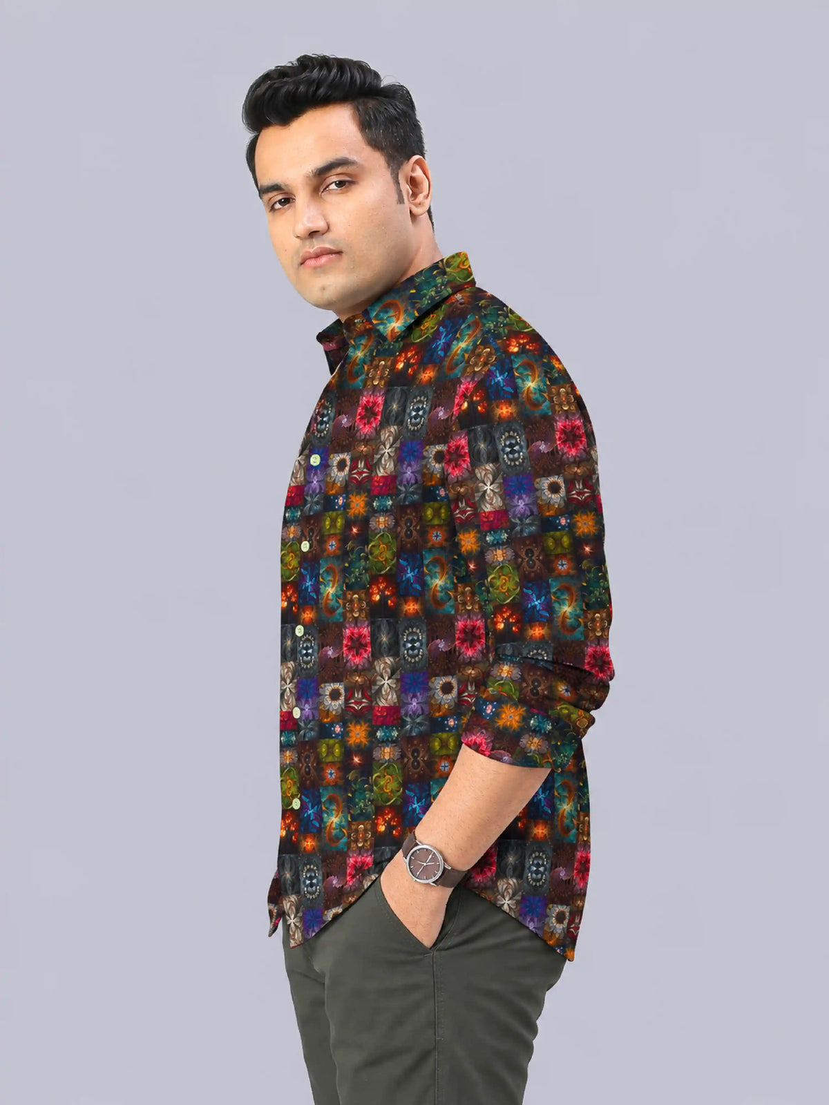 Mystic Fractal Digital Printed Men's Plus Size Full Sleeve Shirt