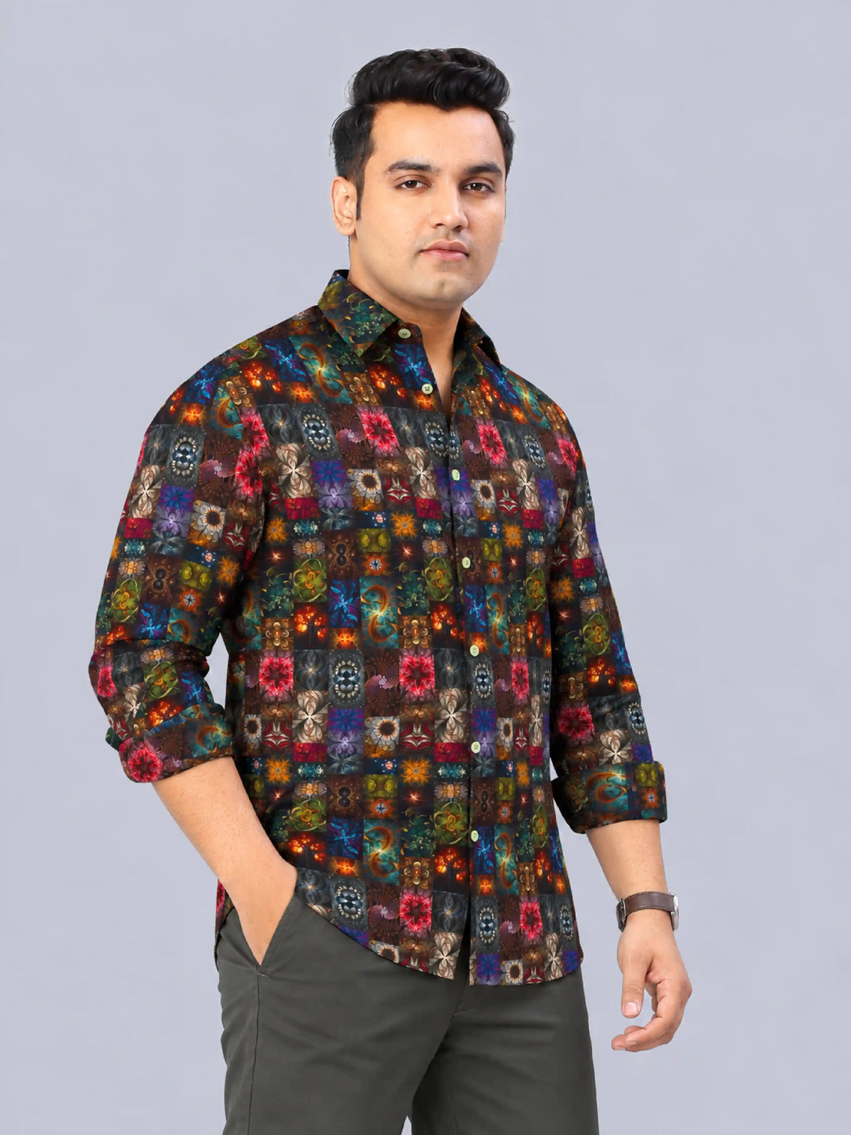 Mystic Fractal Digital Printed Men's Plus Size Full Sleeve Shirt
