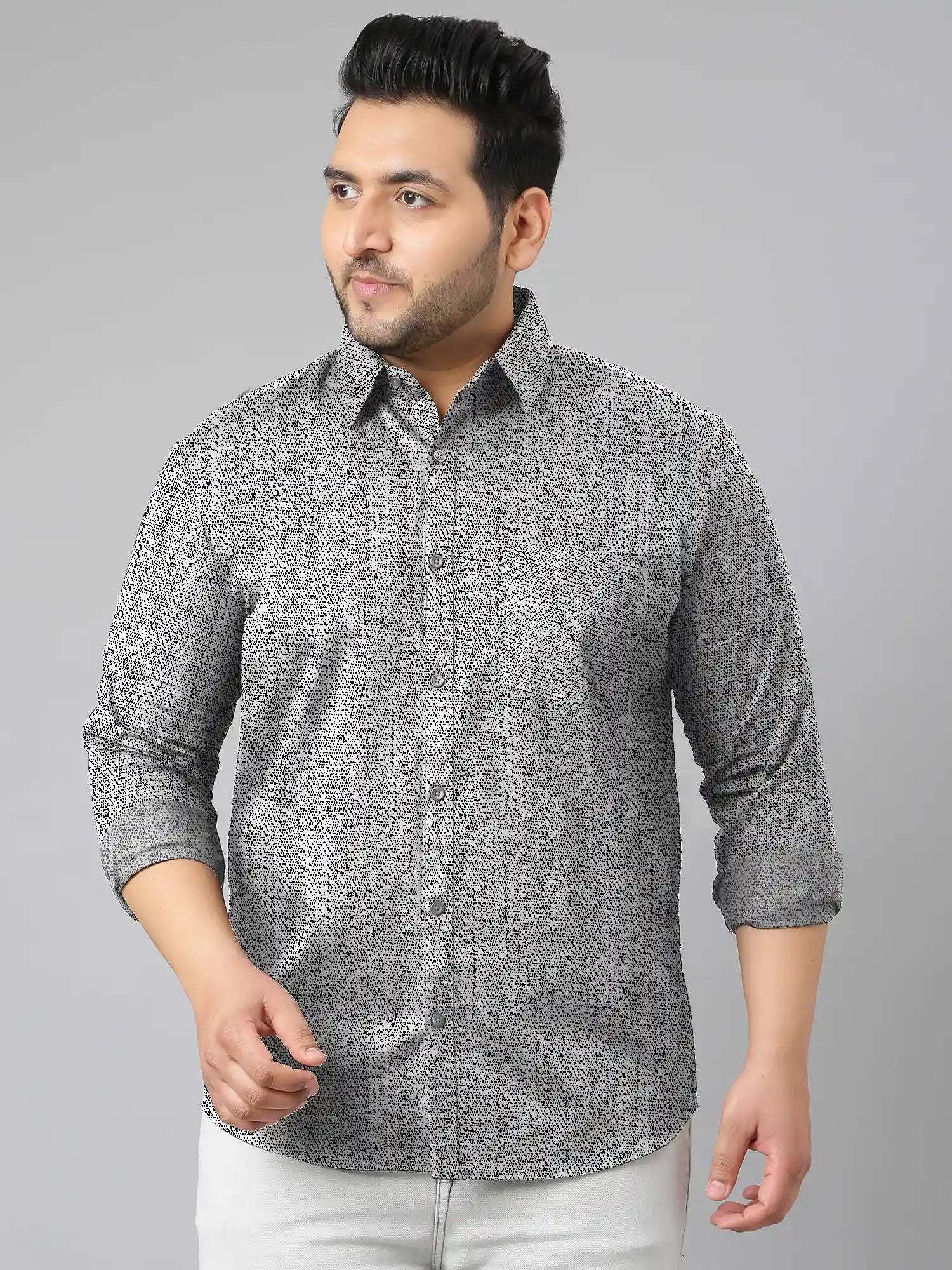 Men's Plus Size Black White Texture Cotton Full Sleeve Shirt