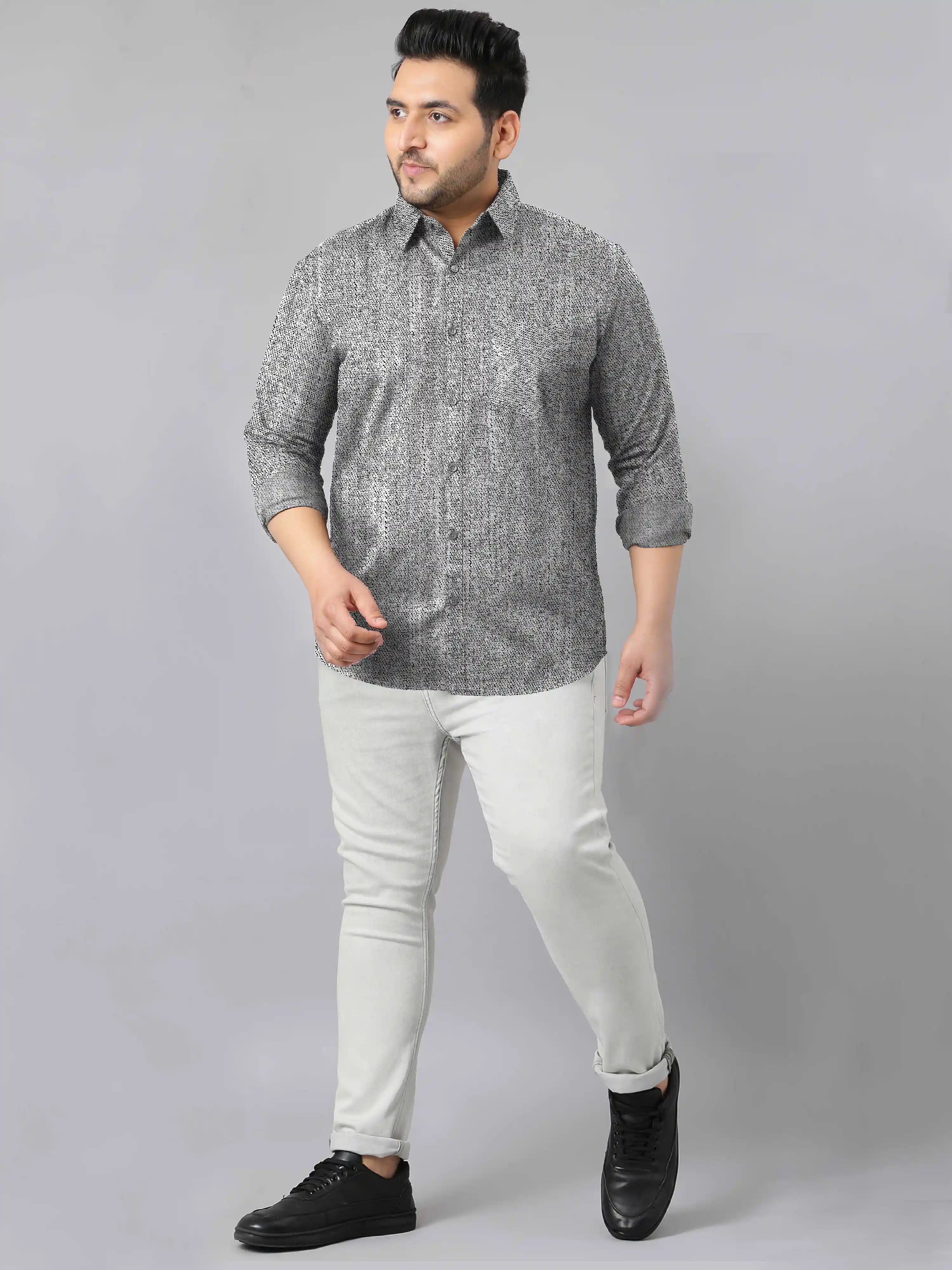 Men's Plus Size Black White Texture Cotton Full Sleeve Shirt