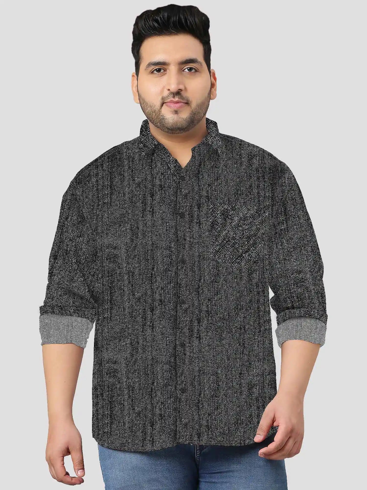 Men's Plus Size Black Texture Cotton Full Sleeve Shirt