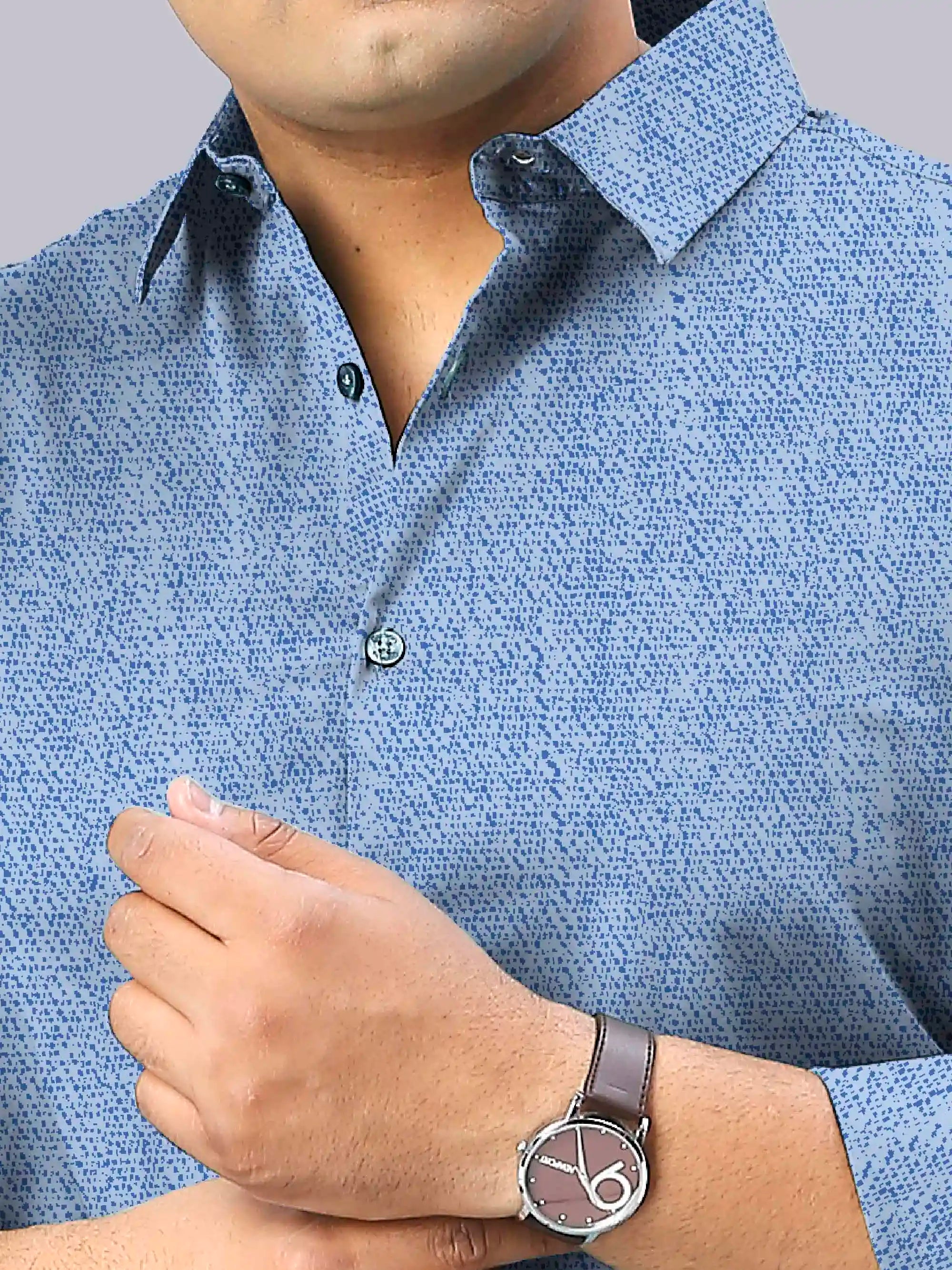 Men's Plus Size Ice Blue Texture Cotton Full Sleeve Shirt