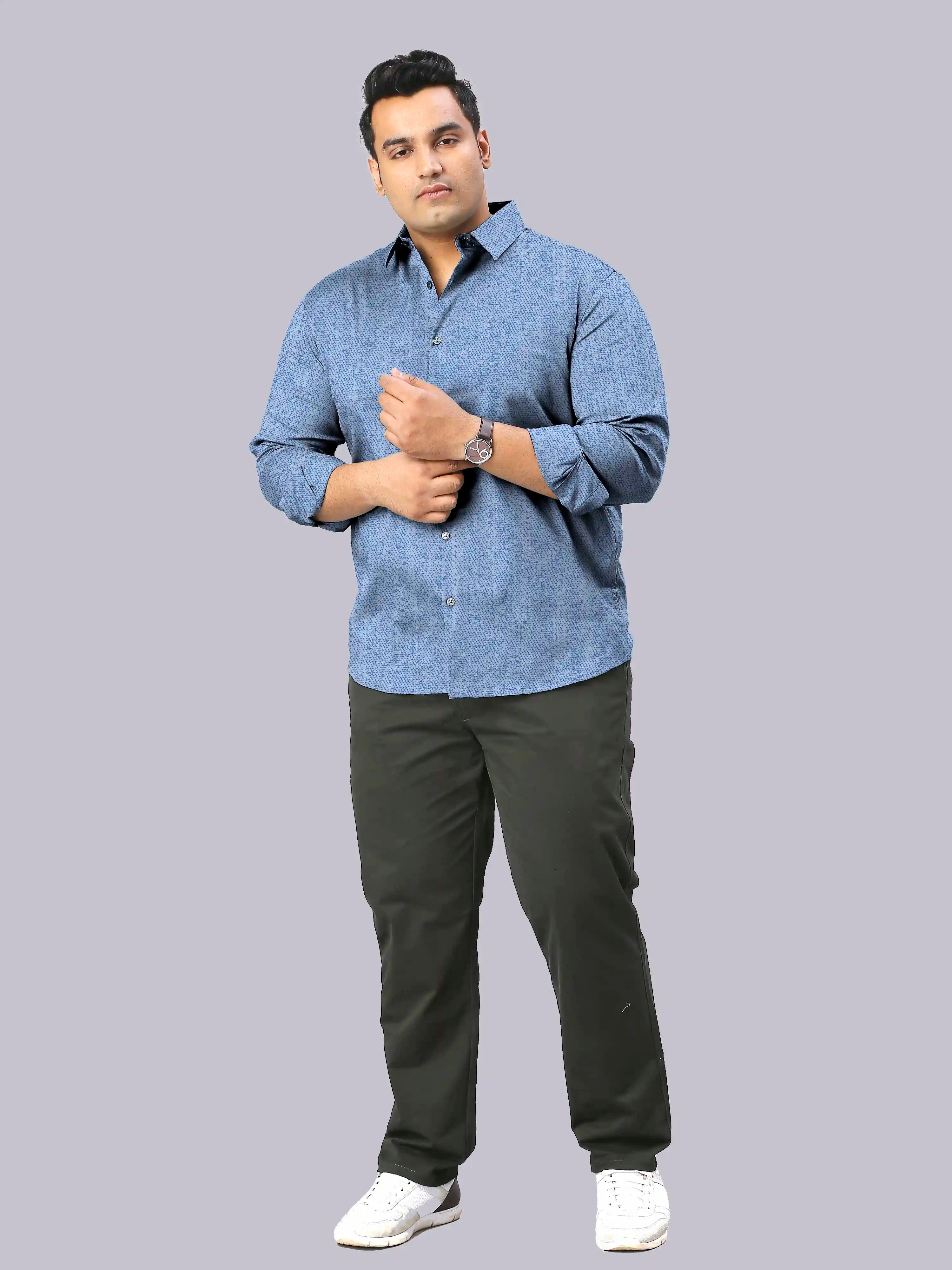 Men's Plus Size Ice Blue Texture Cotton Full Sleeve Shirt