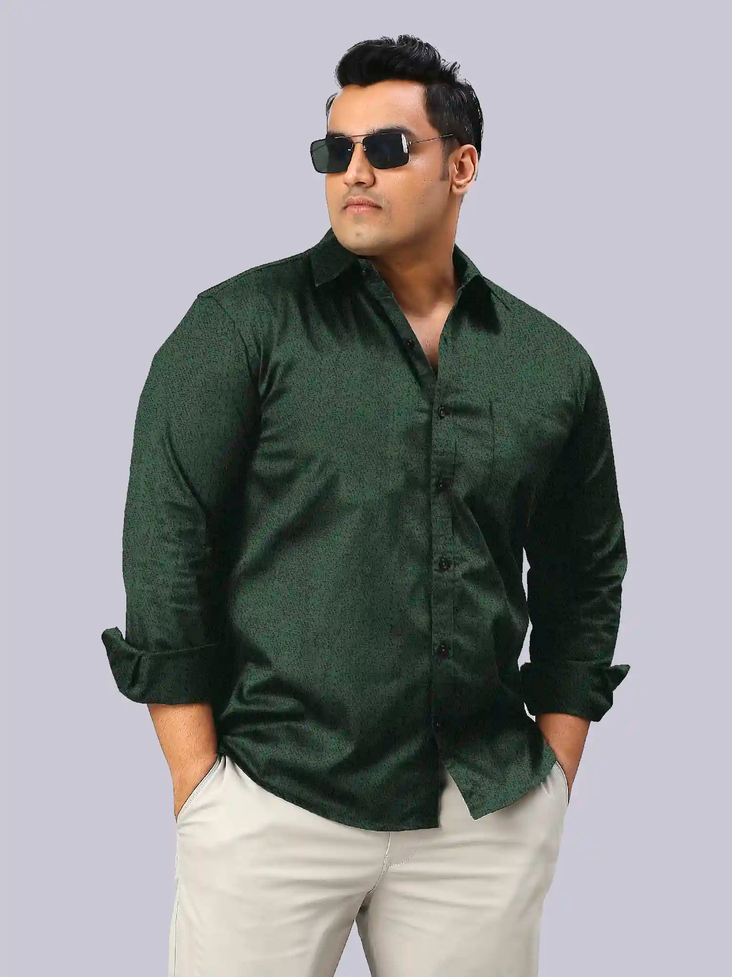 Men's Plus Size Olive Green Texture Cotton Full Sleeve Shirt