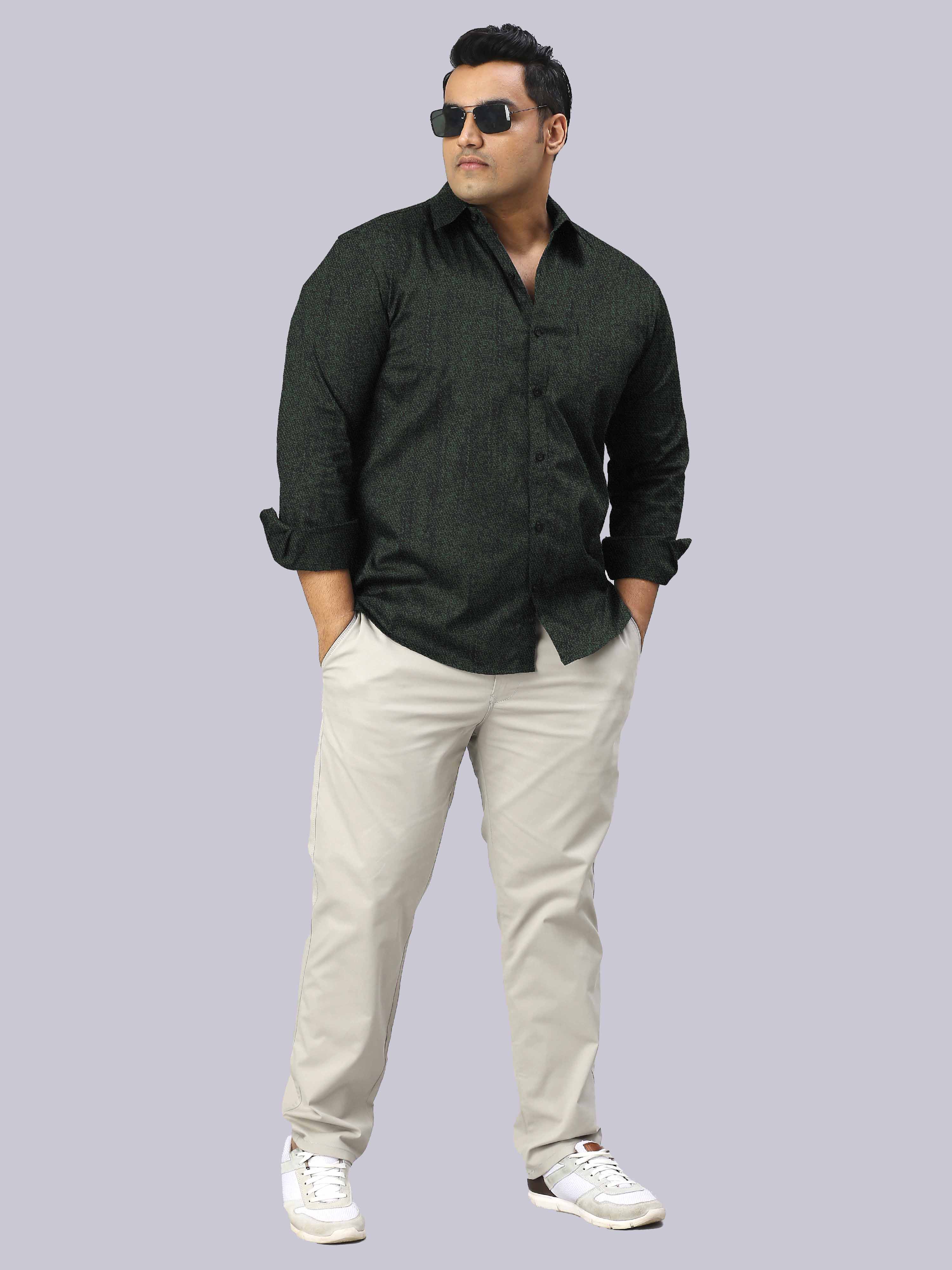 Men's Plus Size Dark Green Texture Cotton Full Sleeve Shirt