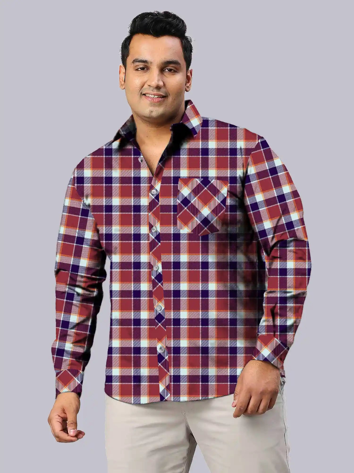 Dark Red Checks Men's Plus Size Full Shirt