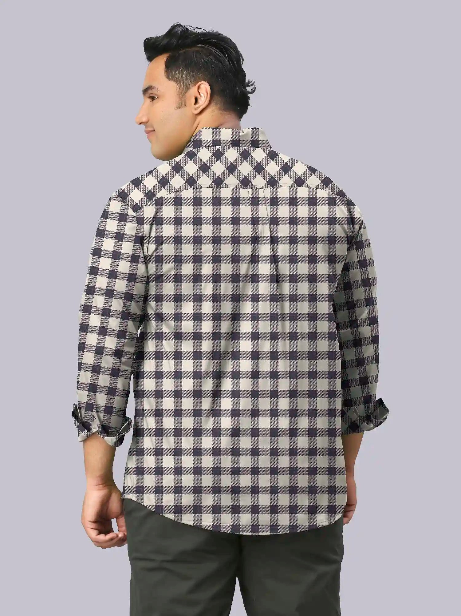 Grey and Peach Checks Men's Plus Size Full Shirt