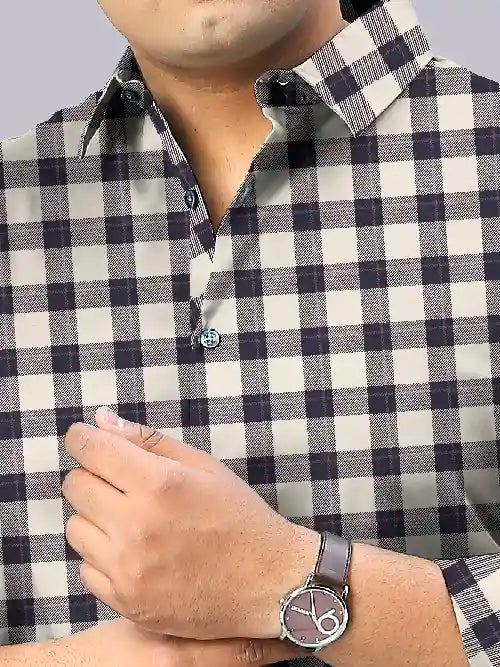 Grey and Peach Checks Men's Plus Size Full Shirt