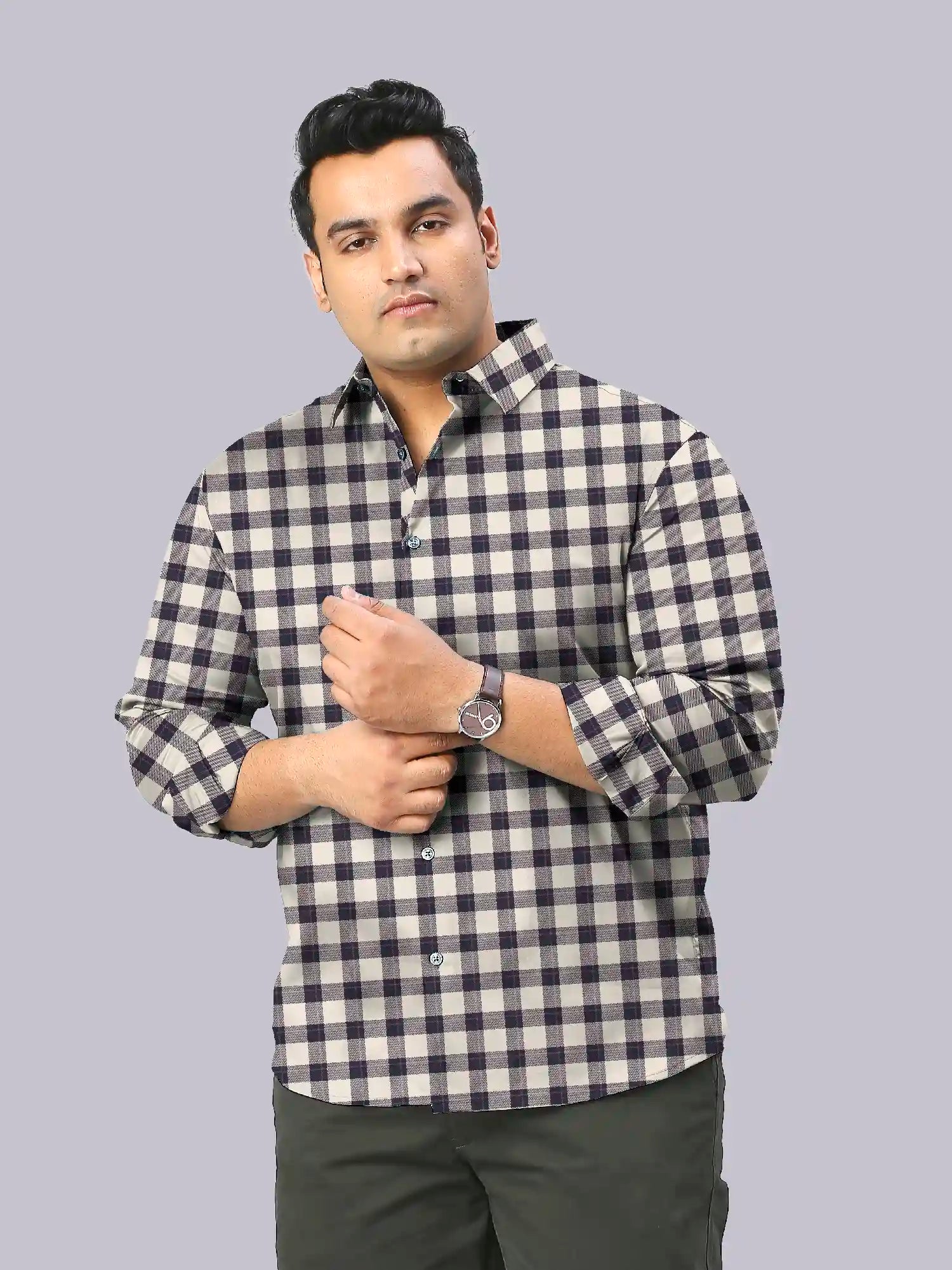 Grey and Peach Checks Men's Plus Size Full Shirt