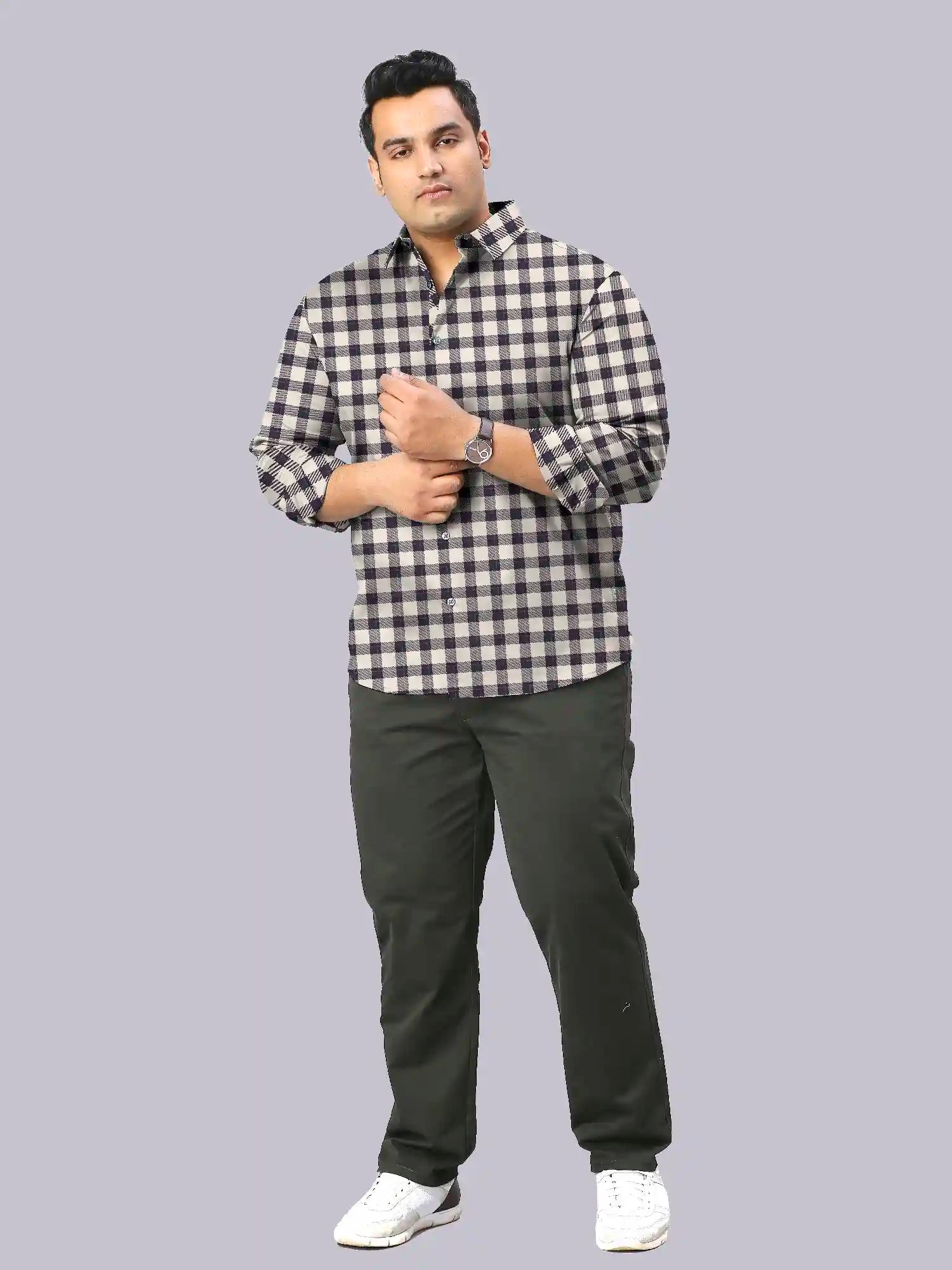 Grey and Peach Checks Men's Plus Size Full Shirt